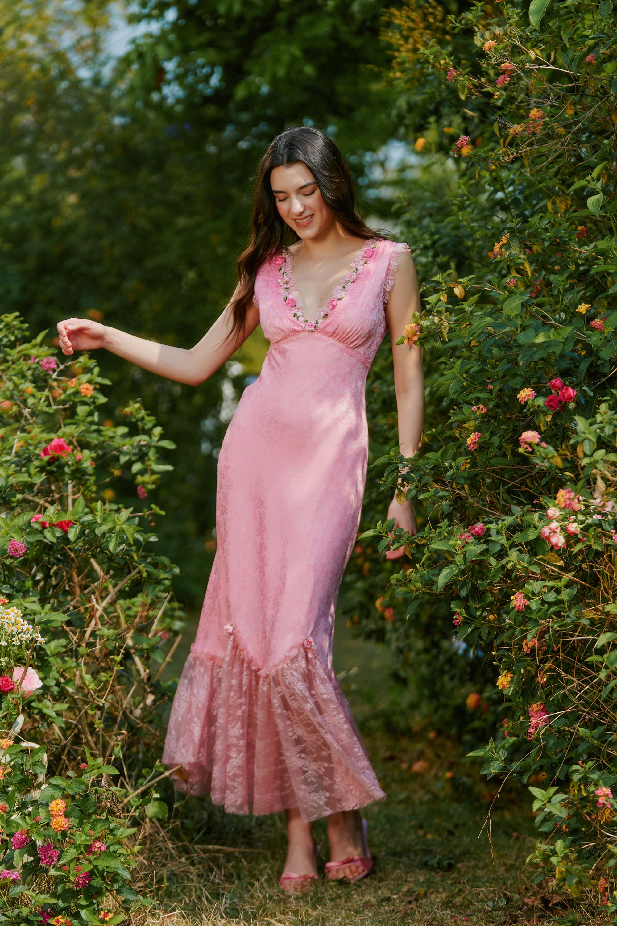 Bernadette Jacquard Satin  Lace Floral Maxi Dress