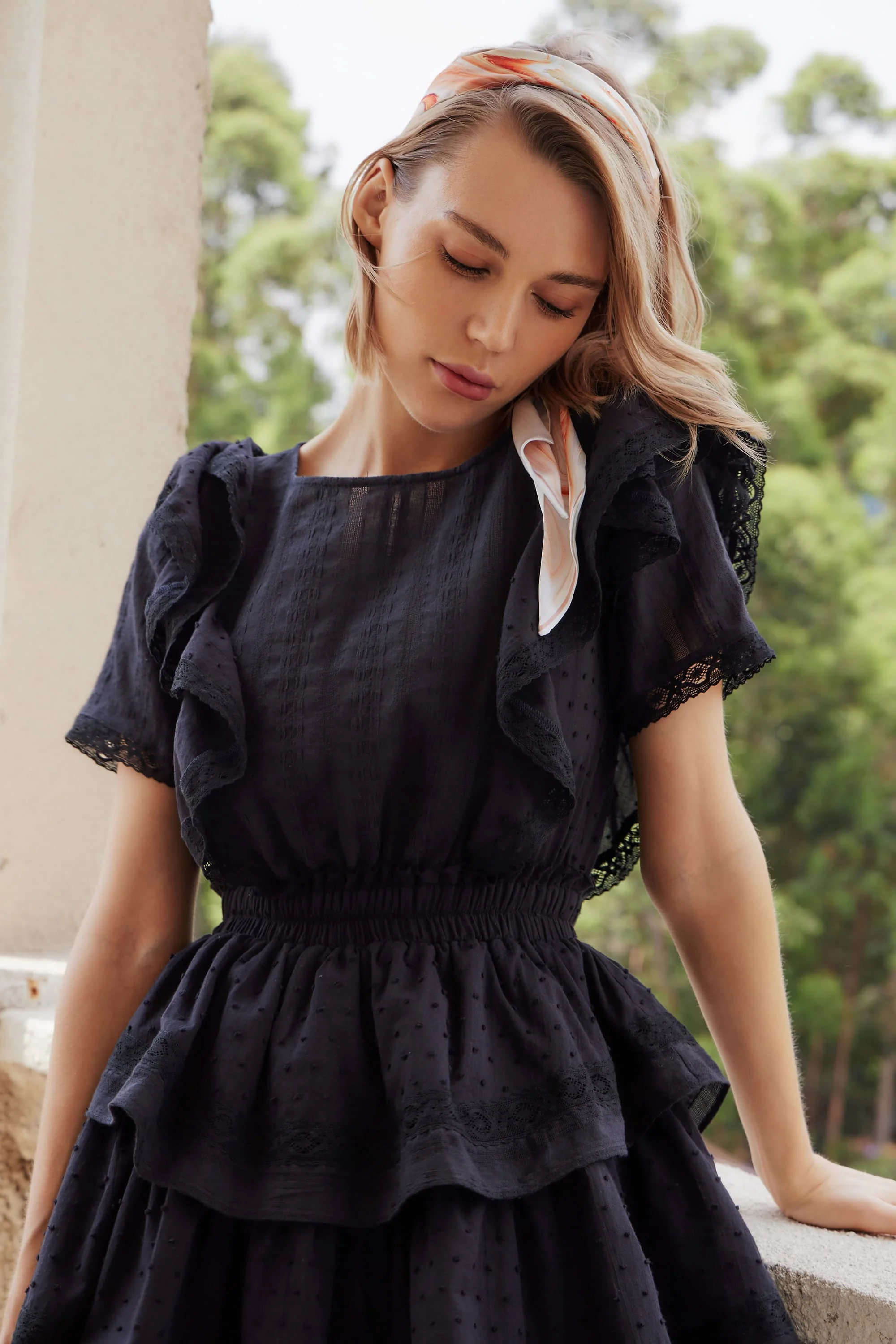 Aeris Lace Ruffled Tiered Mini Dress in Black