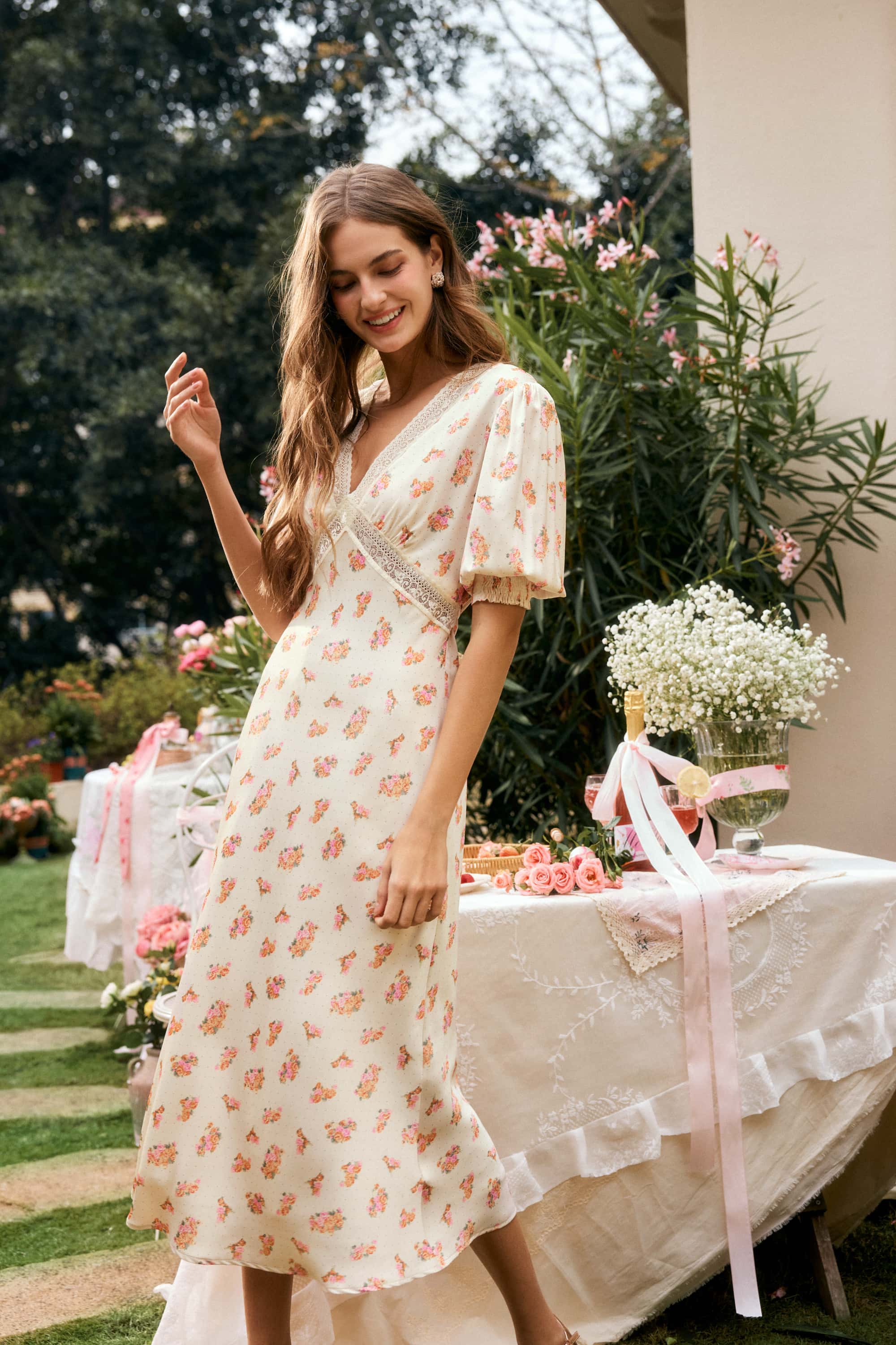 Rosa Satin Floral Midi Dress