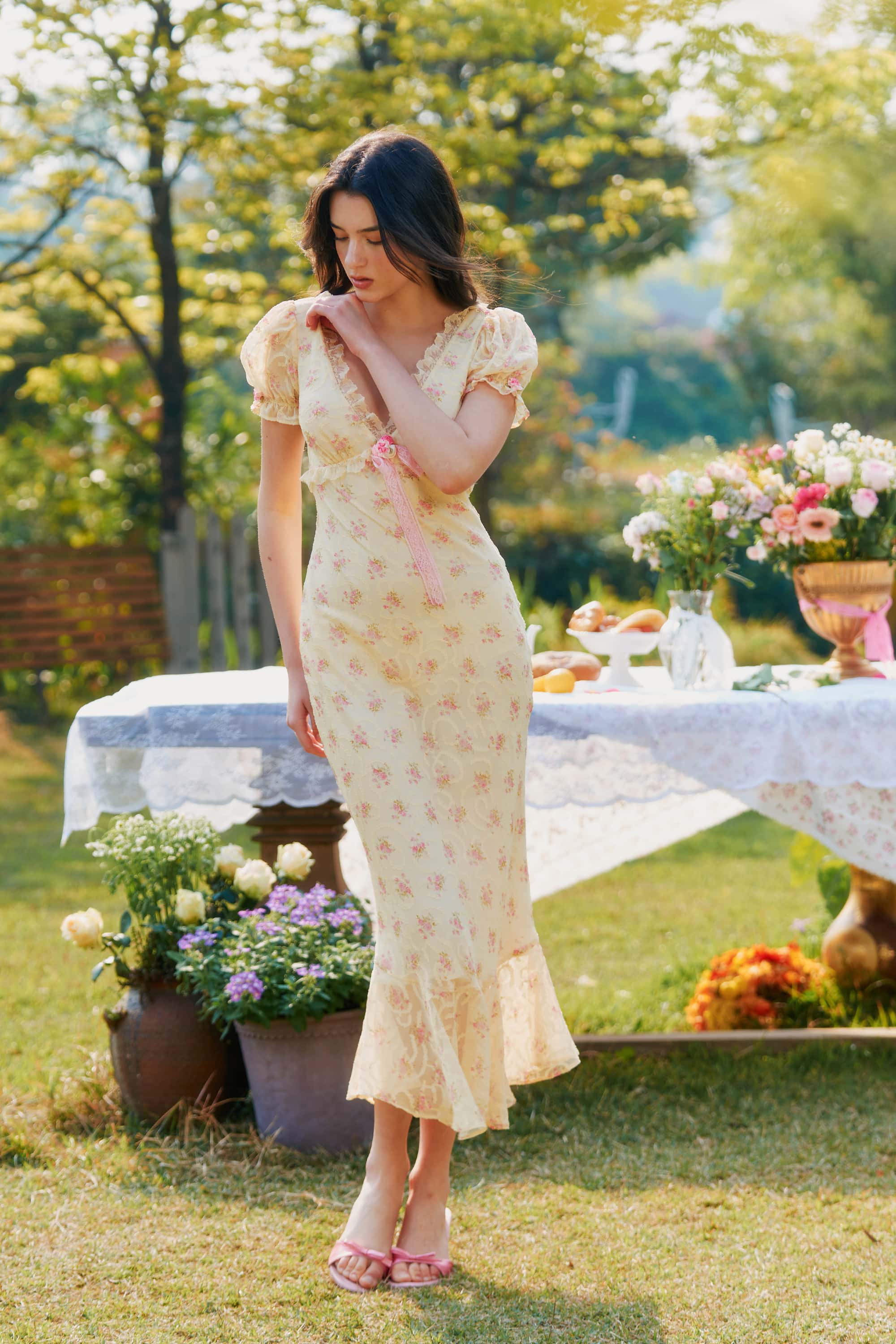 Maeve Chiffon Lace Floral Midi Dress