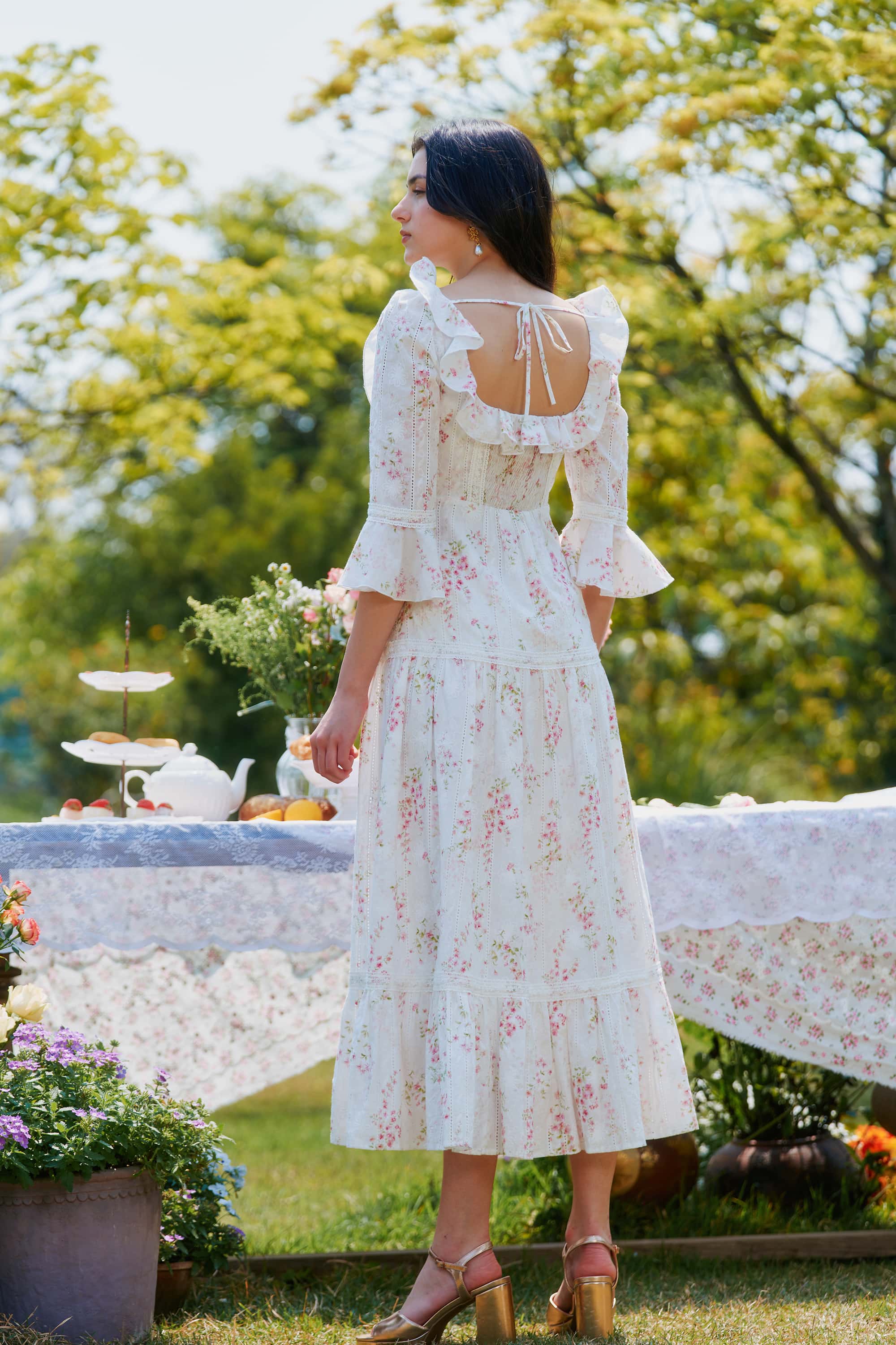 Hera Floral Ruffled Flaring Cuff Midi Dress