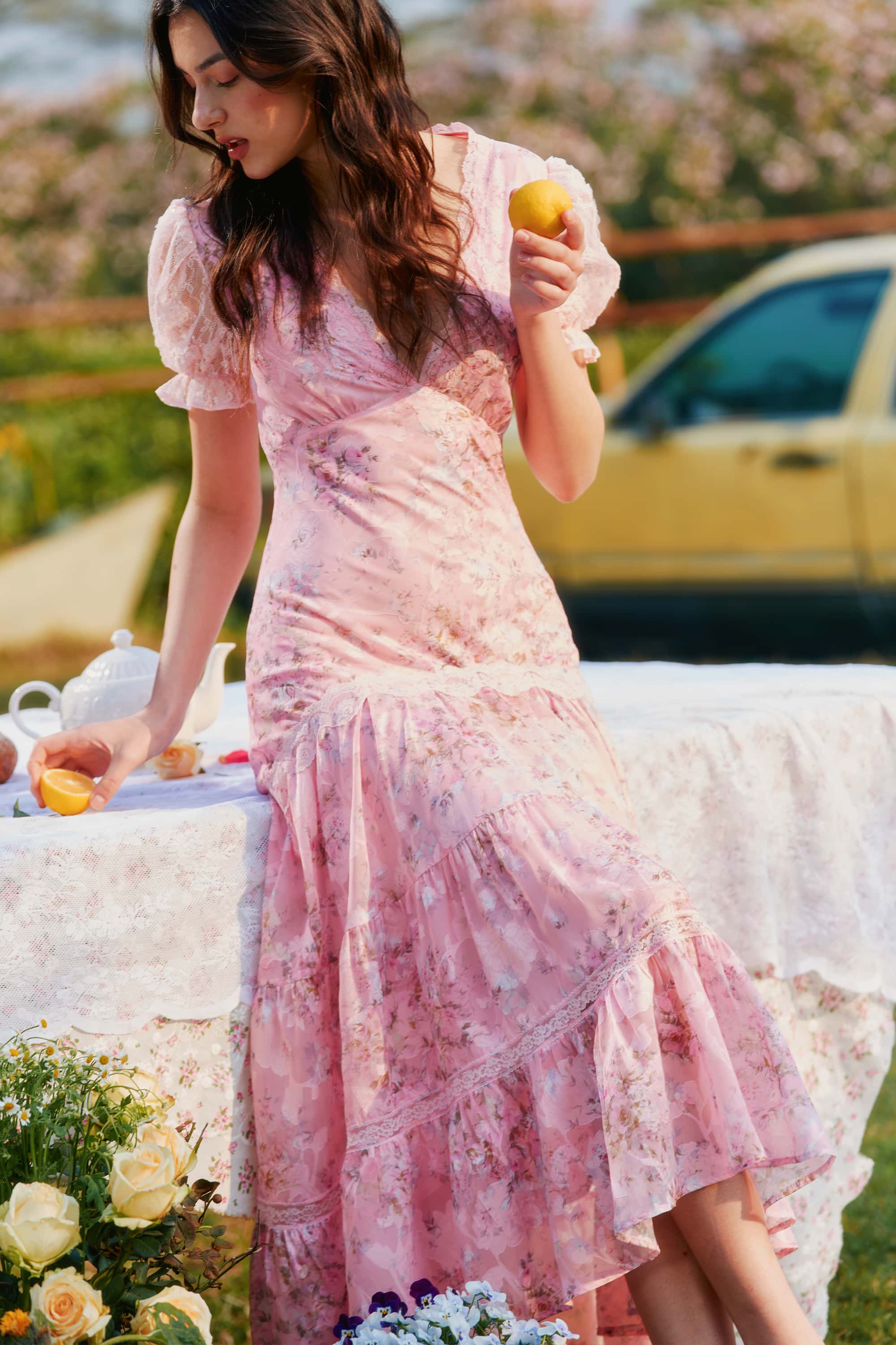 Adelaide Chiffon Lace Floral Maxi Dress