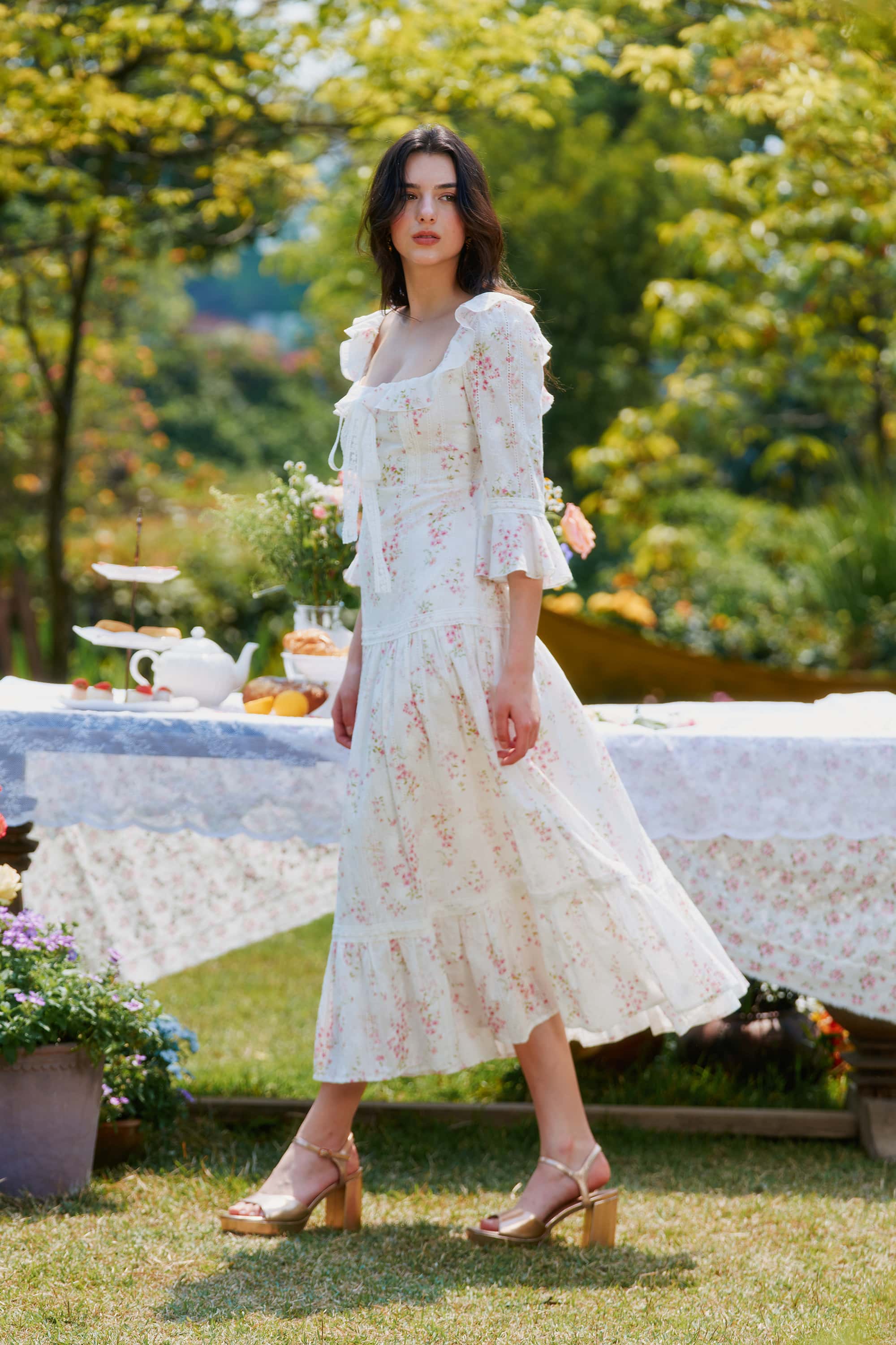 Hera Floral Ruffled Flaring Cuff Midi Dress