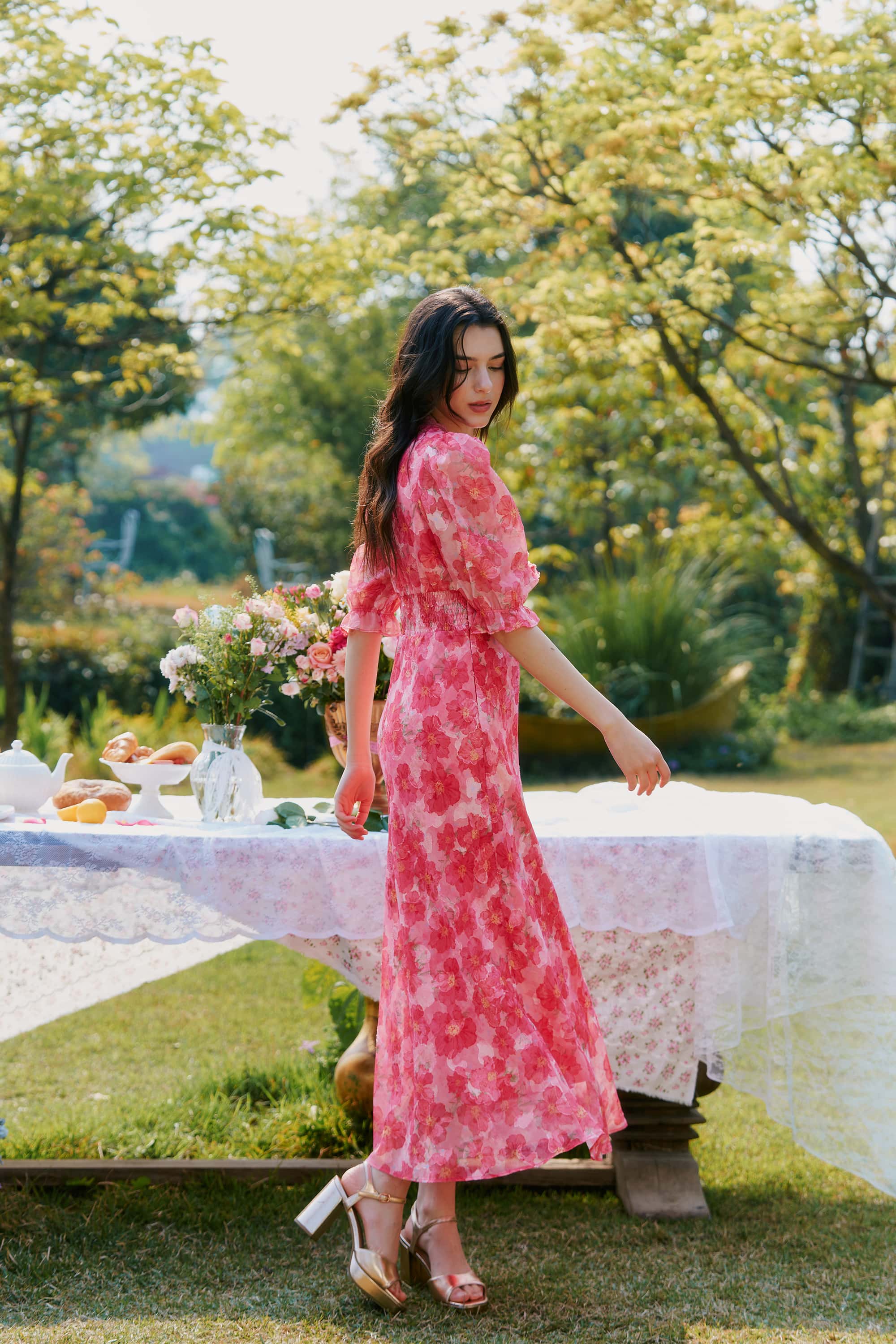 Archie Chiffon High Waist Maxi Dress in Red