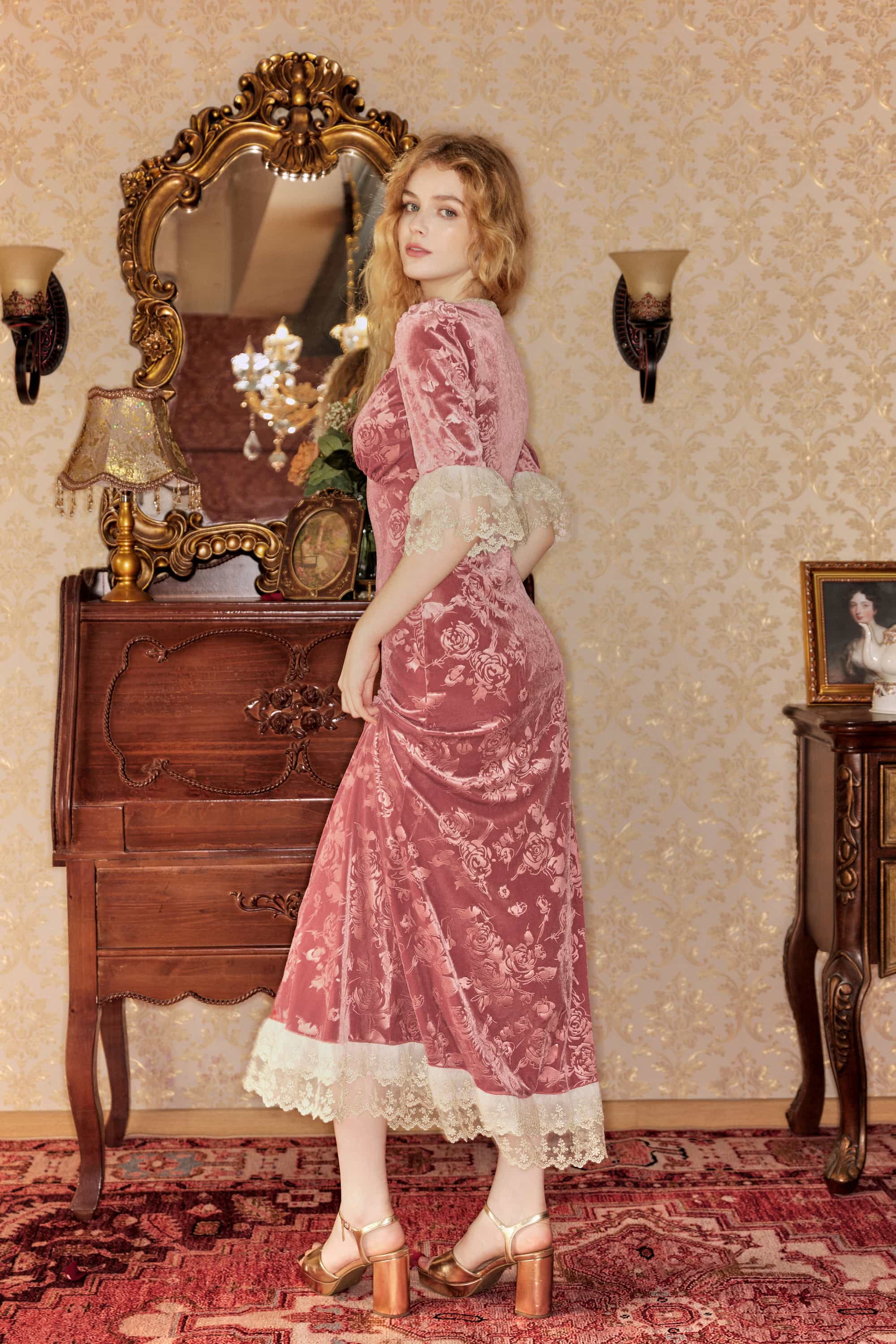 Gwyneth Lace Velvet Maxi Dress in Pink