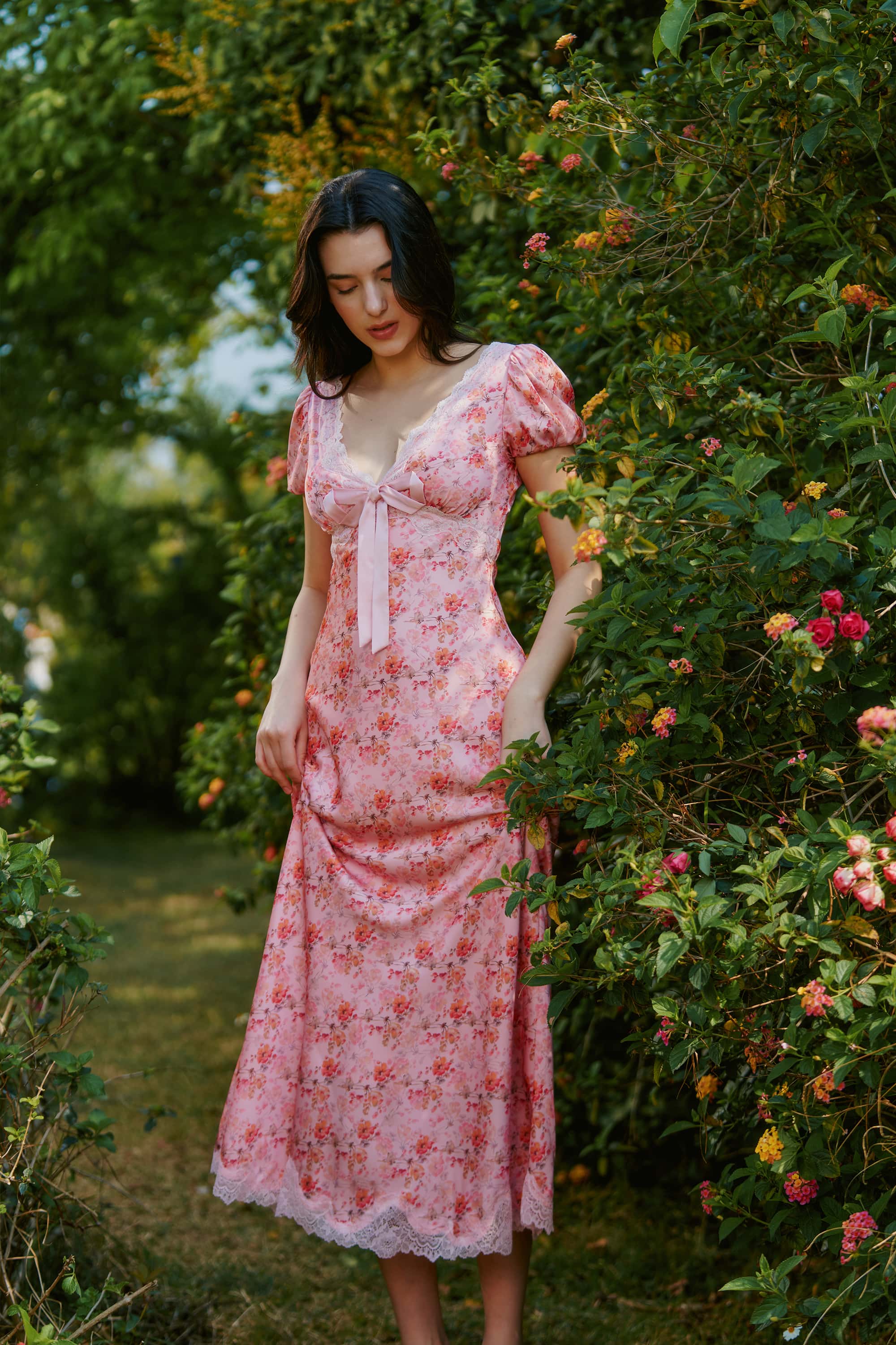 Vienna Satin Floral Lace Maxi Dress