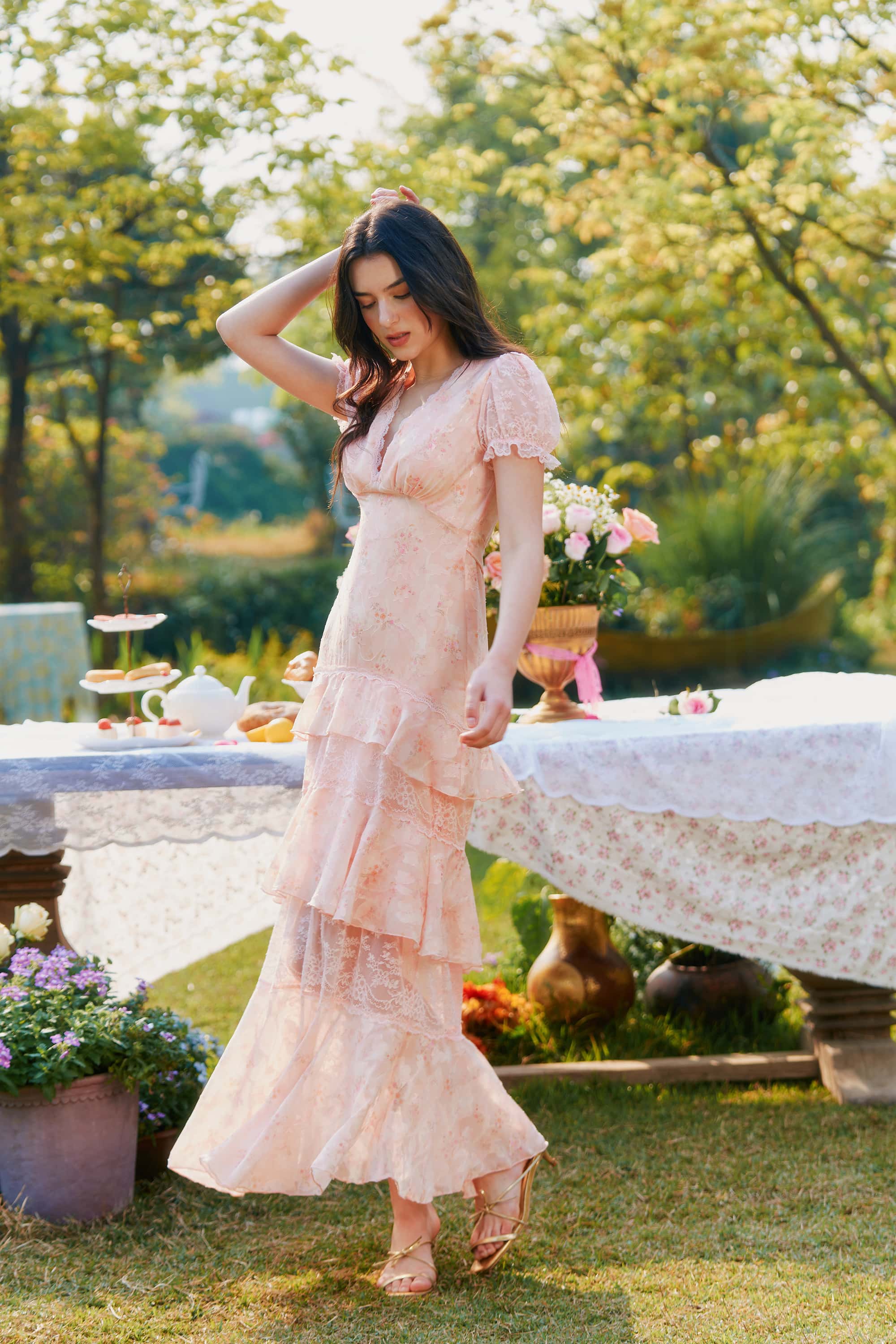 Catalina Chiffon Lace Floral Maxi Dress