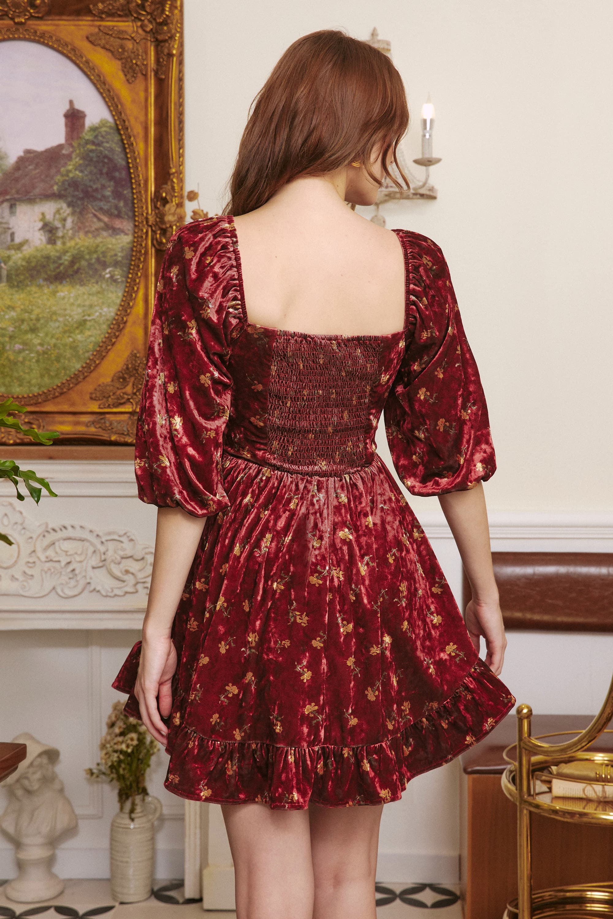 Betty Square Neckline Floral Velvet Dress In Red