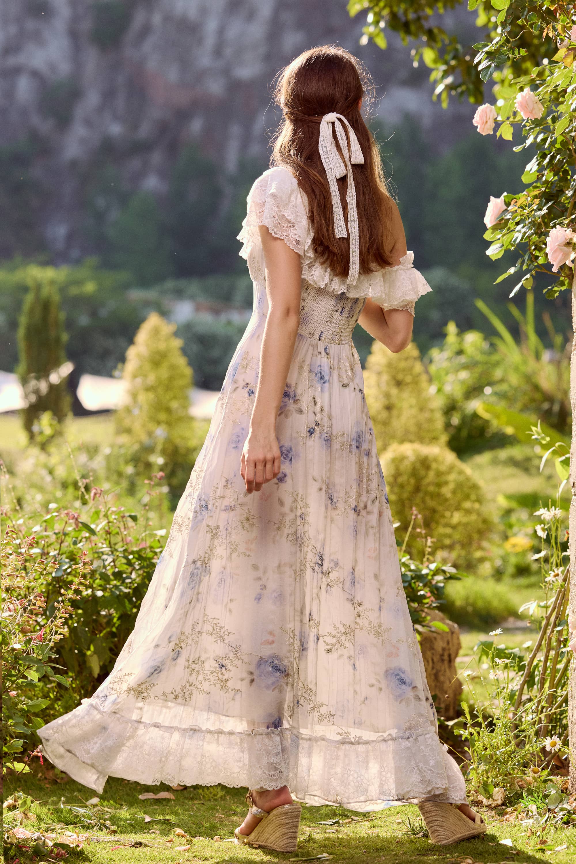 Gemma Lace Embroidered Maxi Dress in Blue