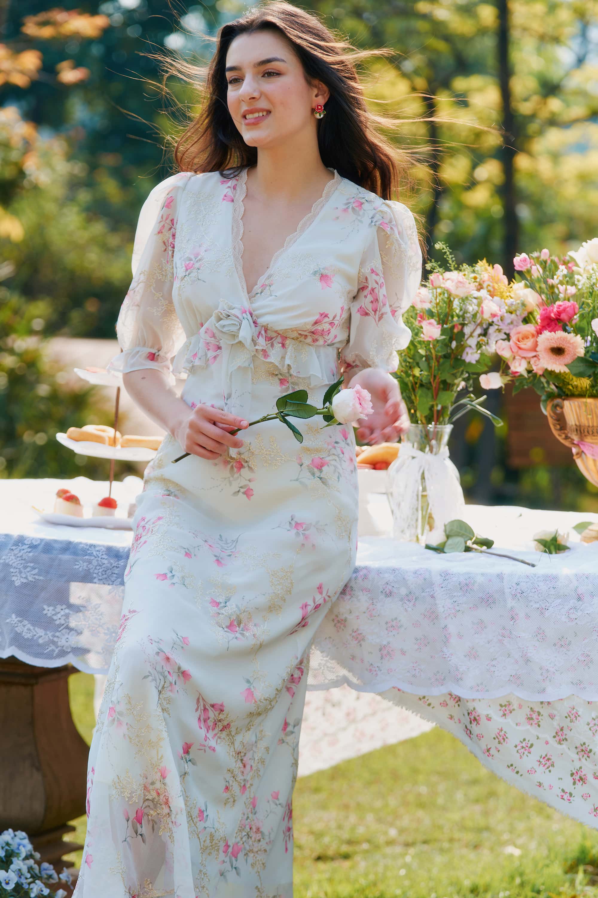 Archie Chiffon High Waist Maxi Dress in White