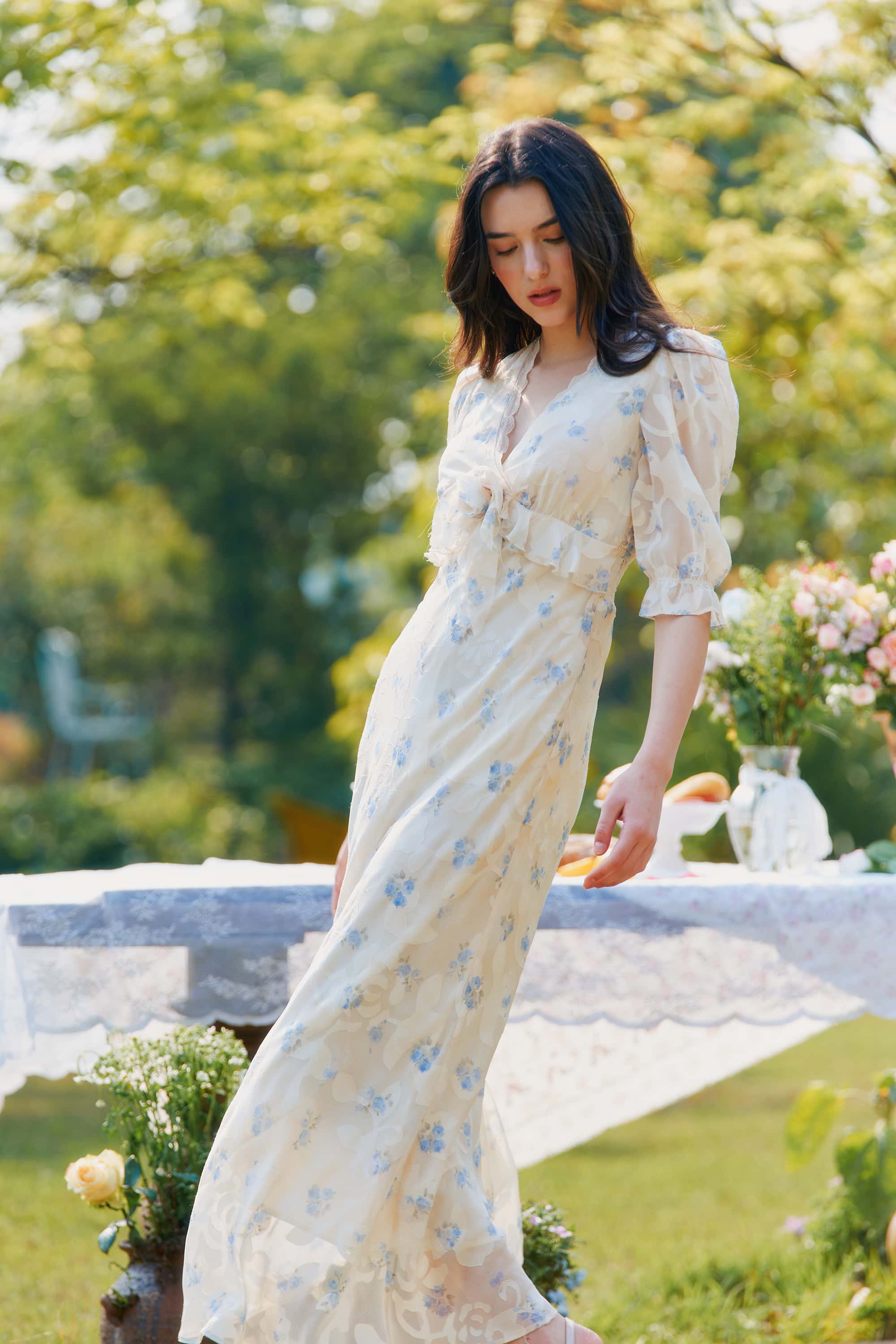 Archie Chiffon High Waist Maxi Dress in Cream