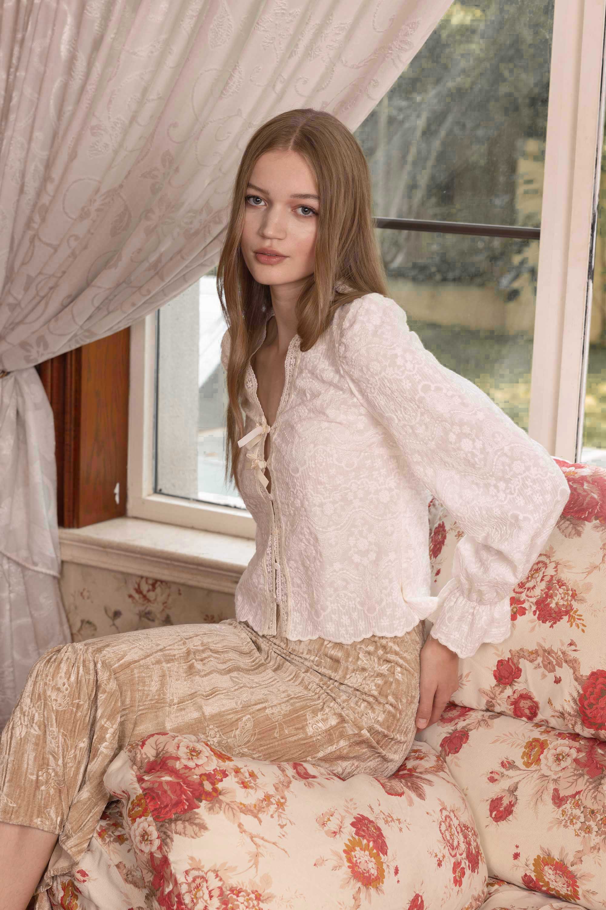 Marina Off-white Lace Embroidered Blouse