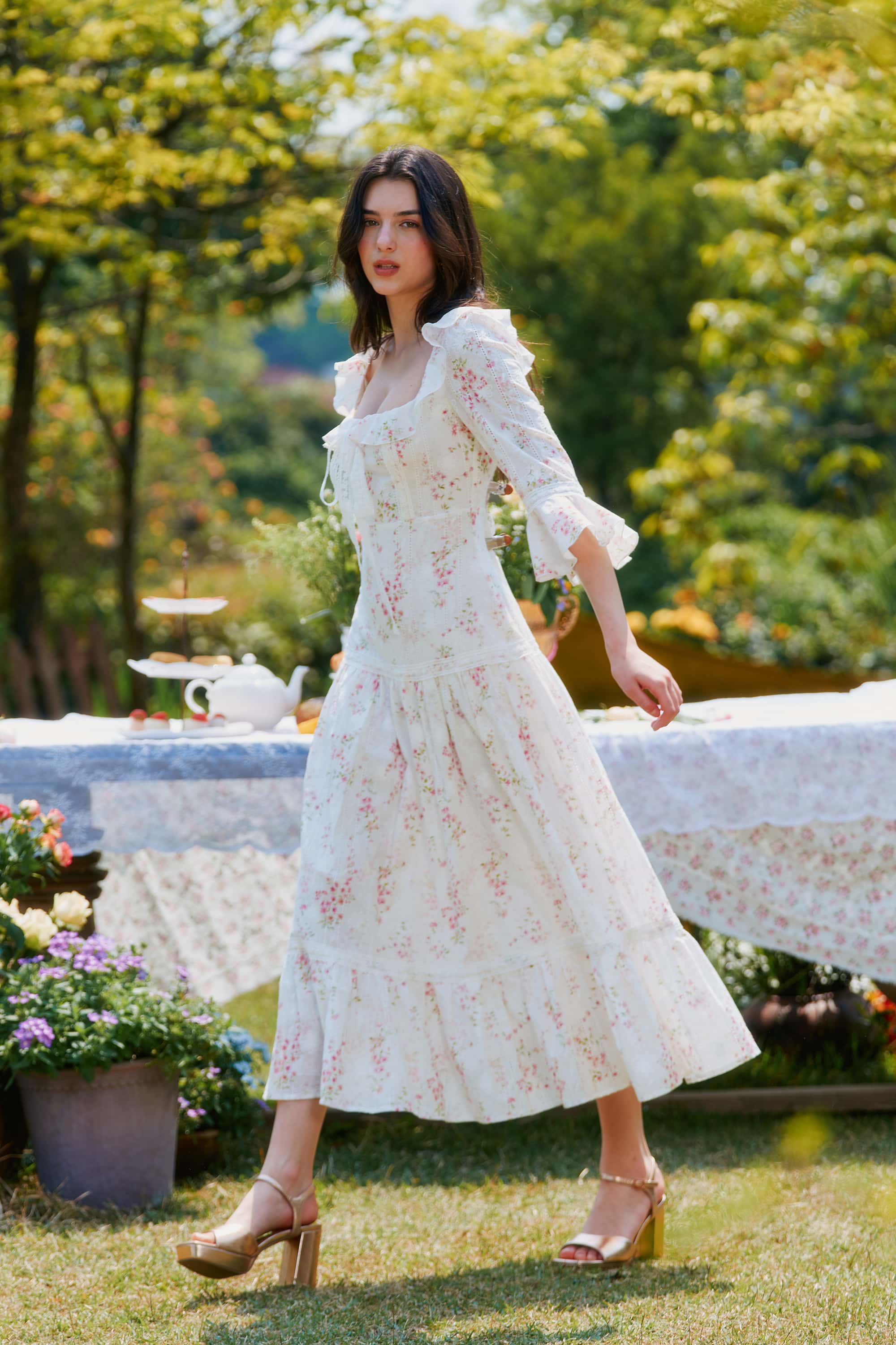 Hera Floral Ruffled Flaring Cuff Midi Dress