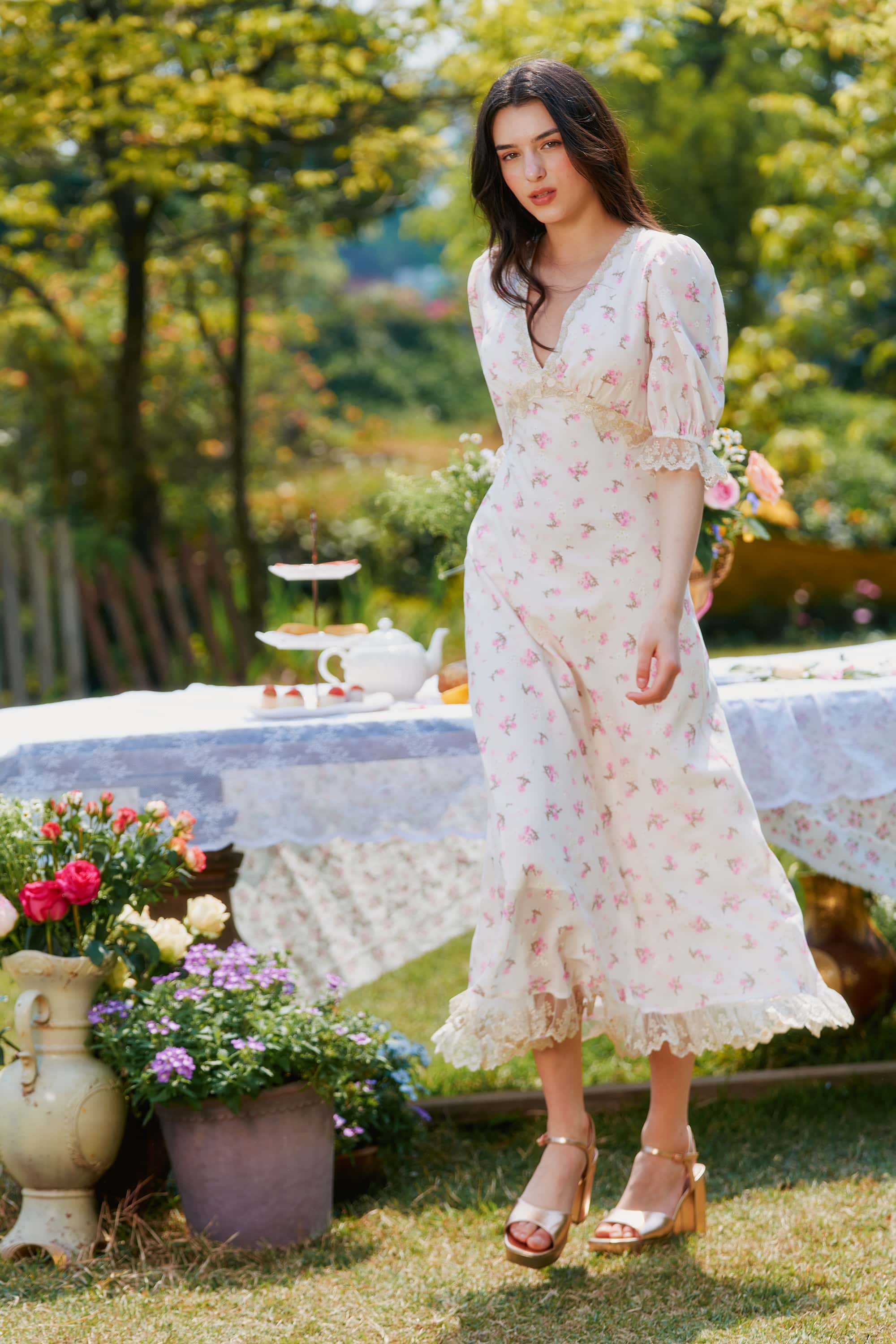 Divia Lace Floral Midi Dress in White