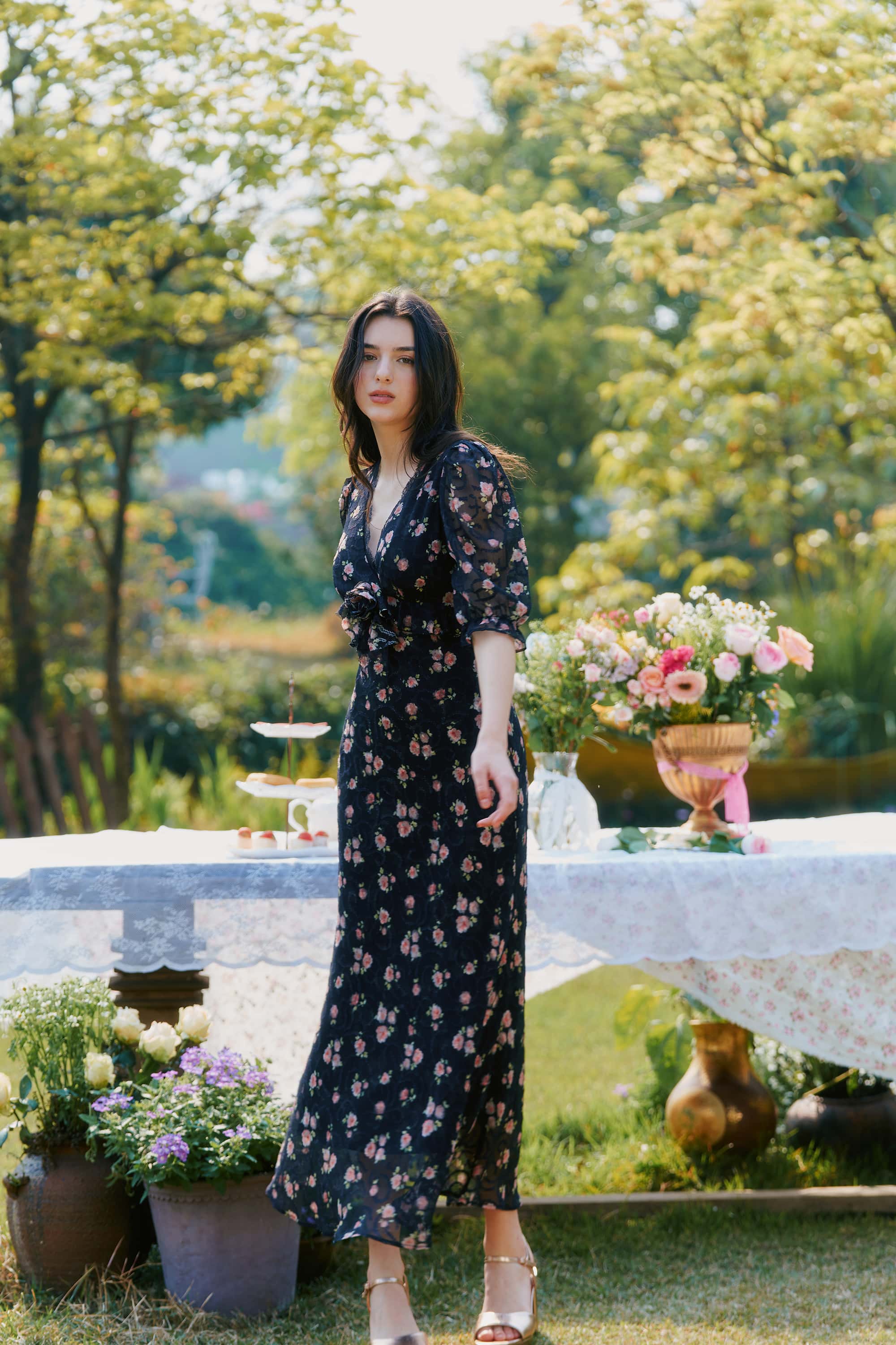 Archie Chiffon High Waist Maxi Dress in Black