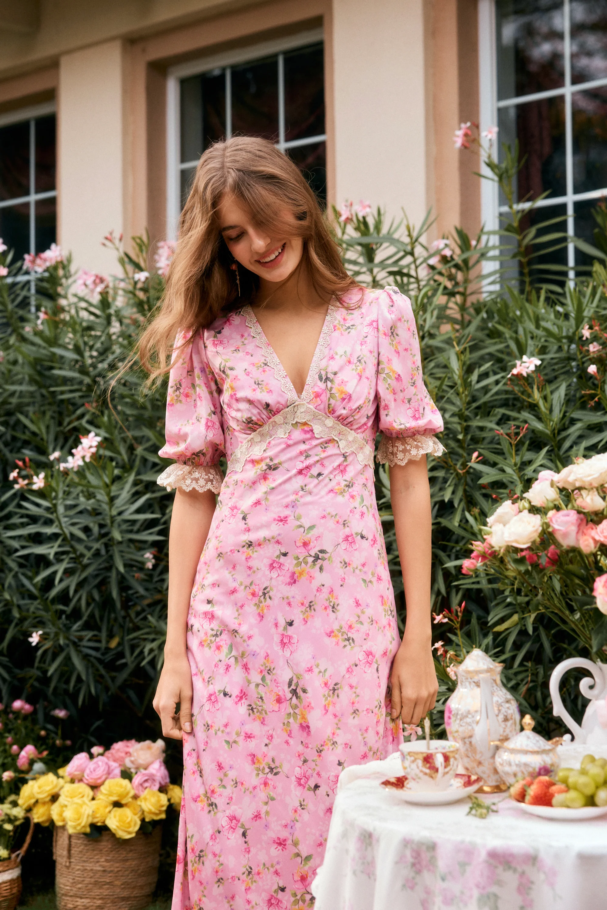 Divia Pink Lace Floral Midi Dress