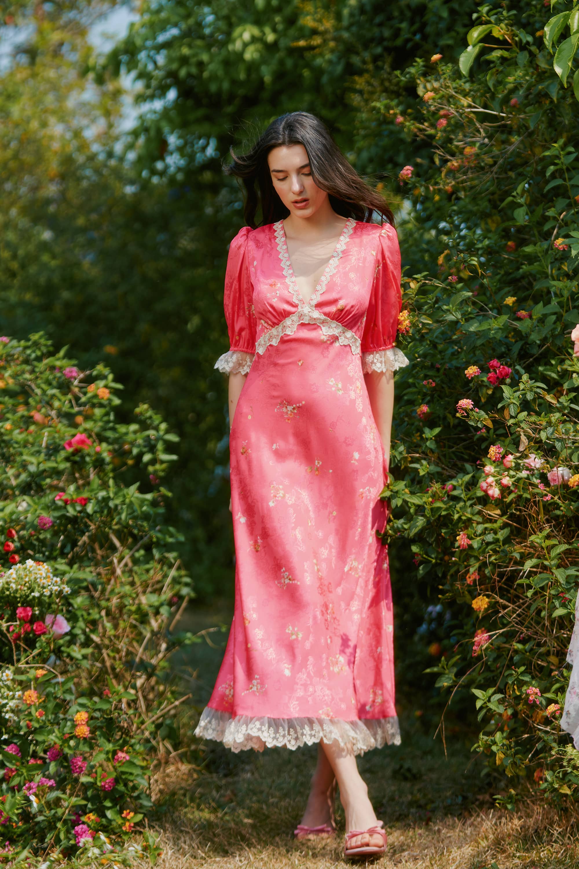 Divia Lace Floral Midi Dress in Red