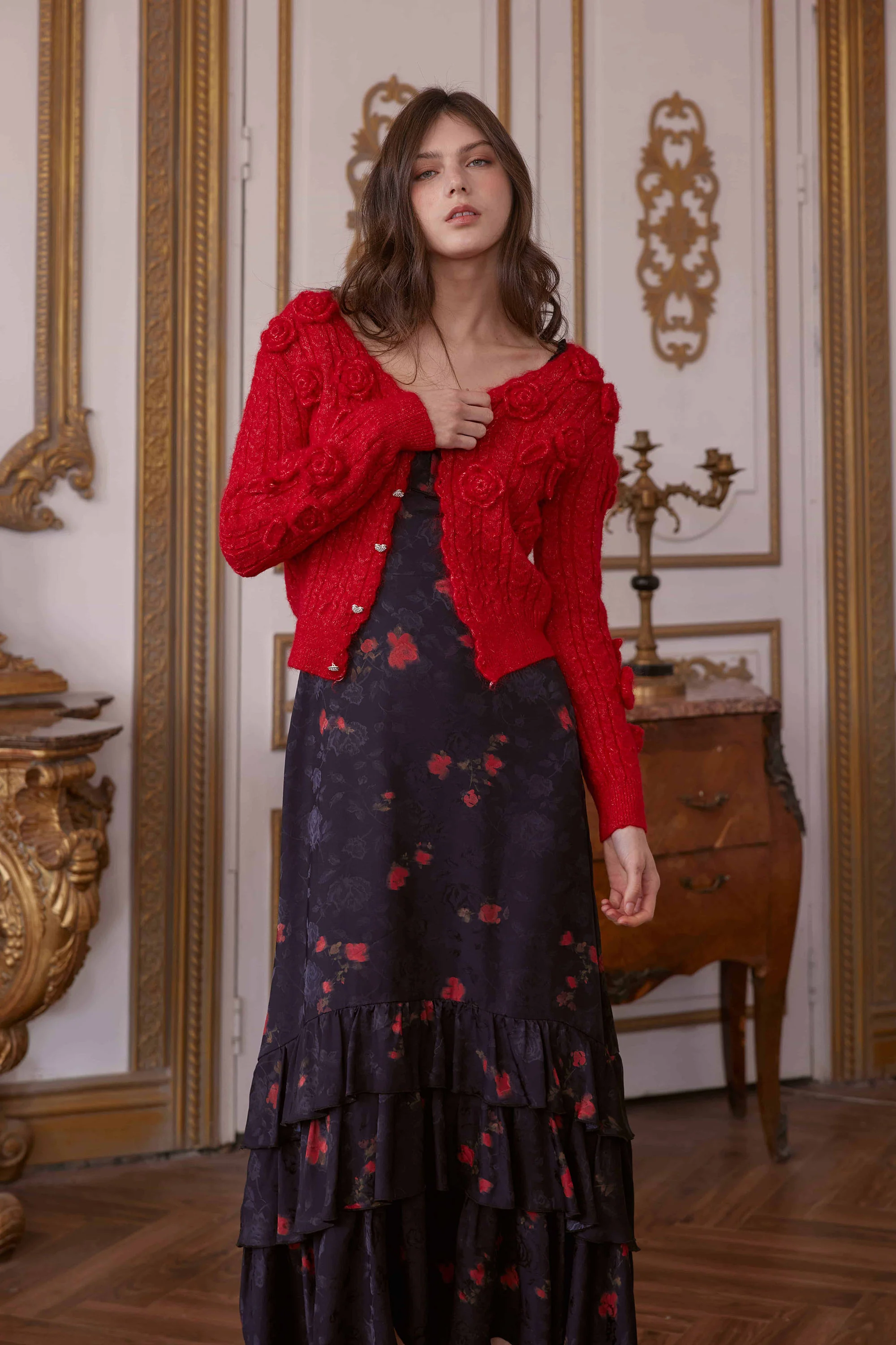 Liza Cropped Cardigan With Handmade Knitted Roses in Red