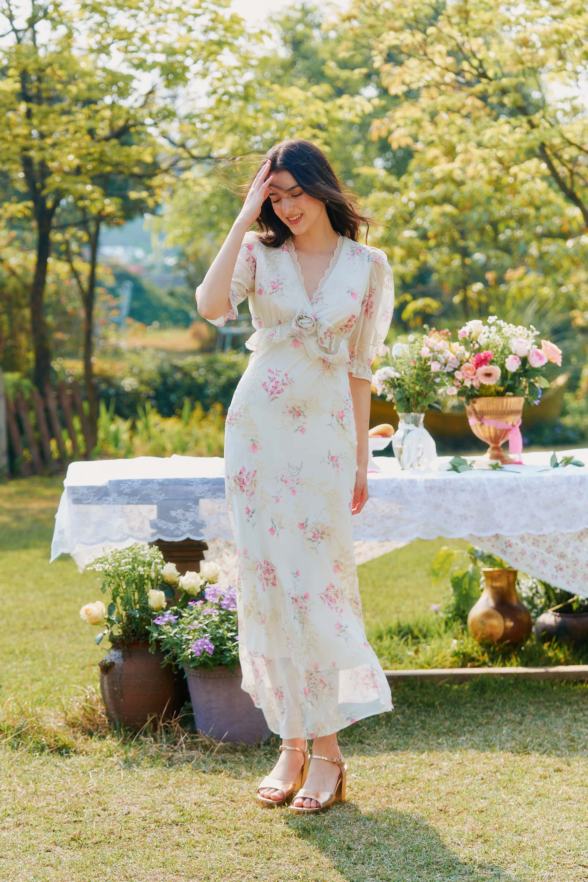 Archie Chiffon High Waist Maxi Dress in White