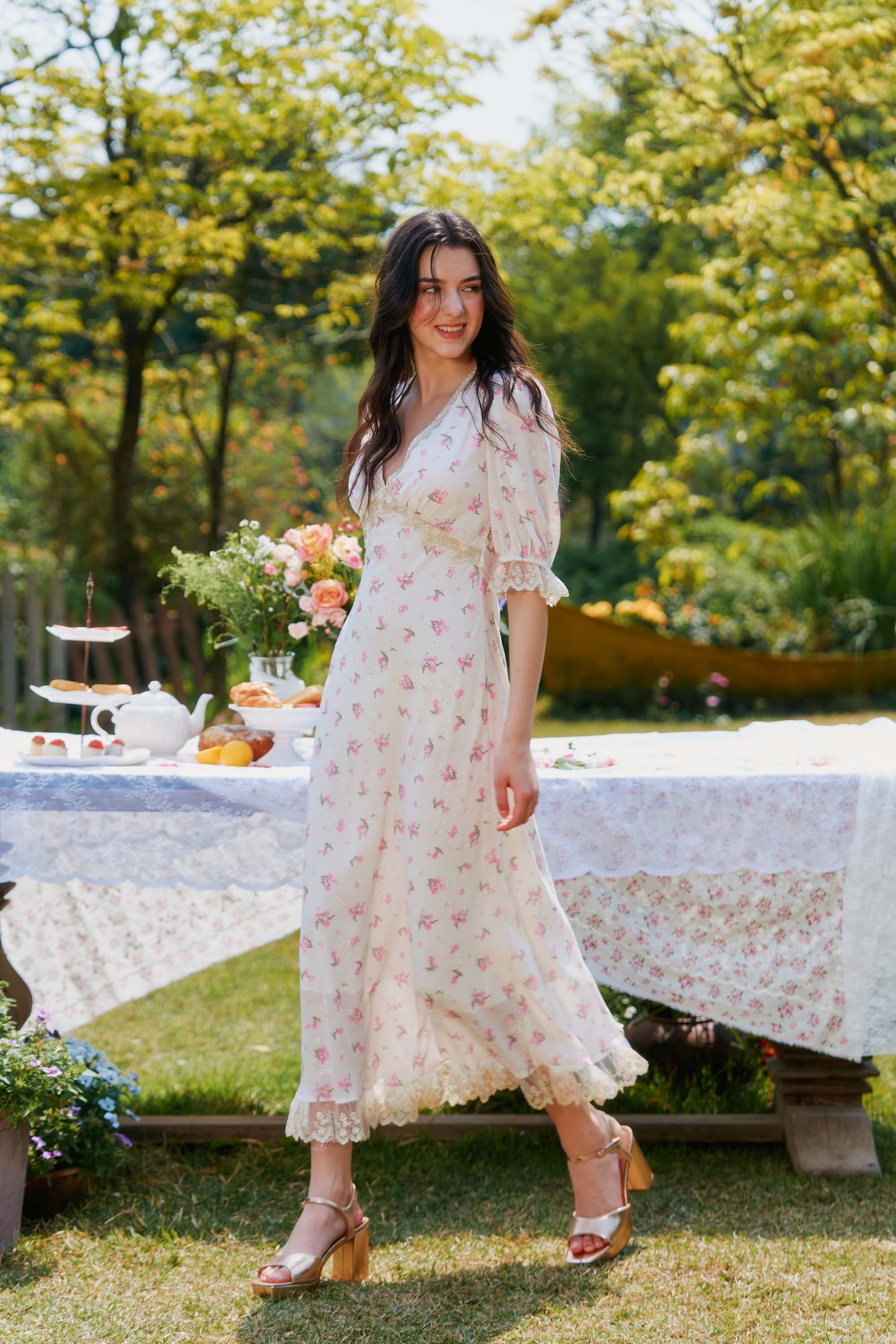 Divia Lace Floral Midi Dress in White