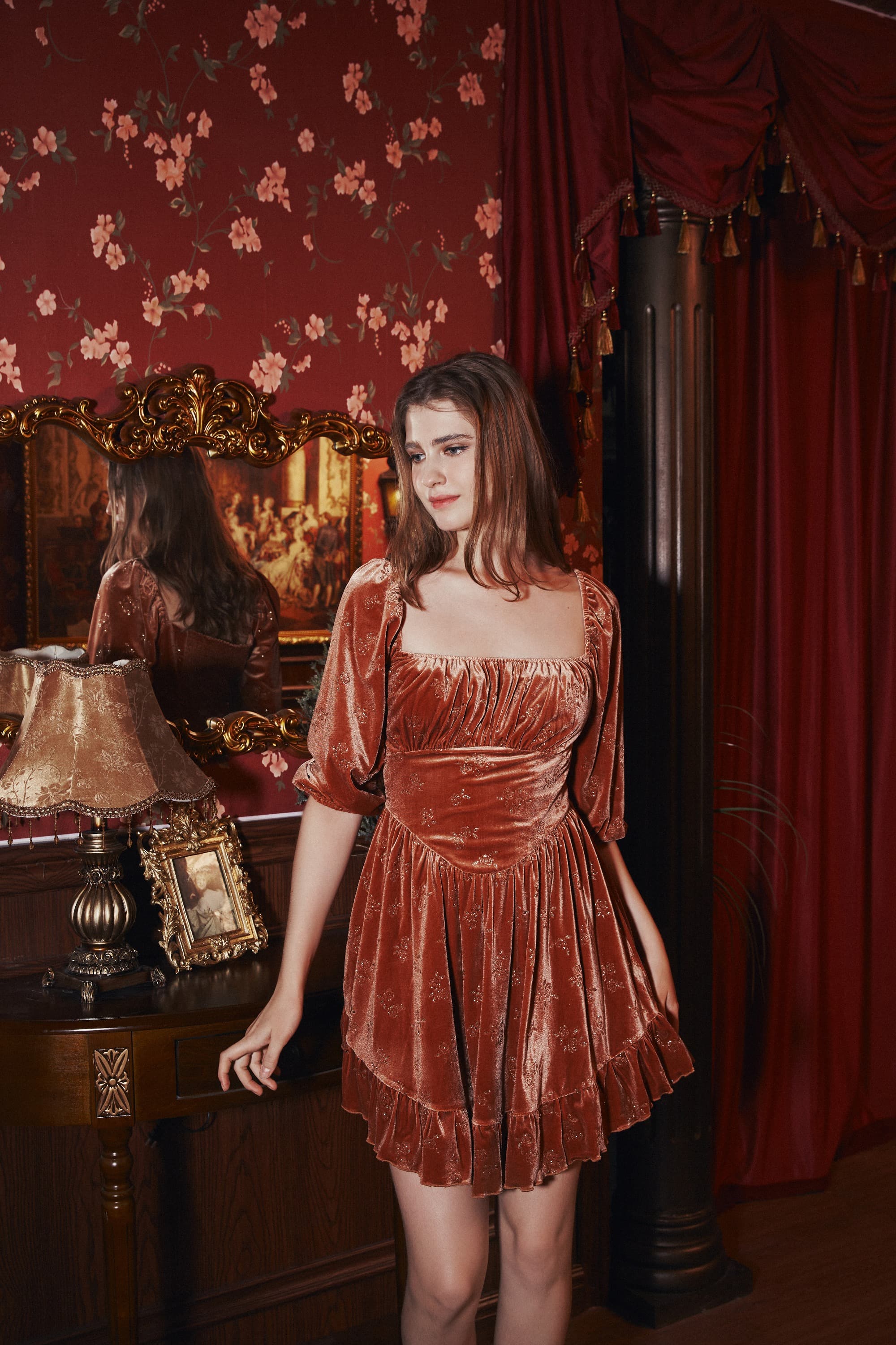 Betty Square Neckline Floral Velvet Dress In Gold