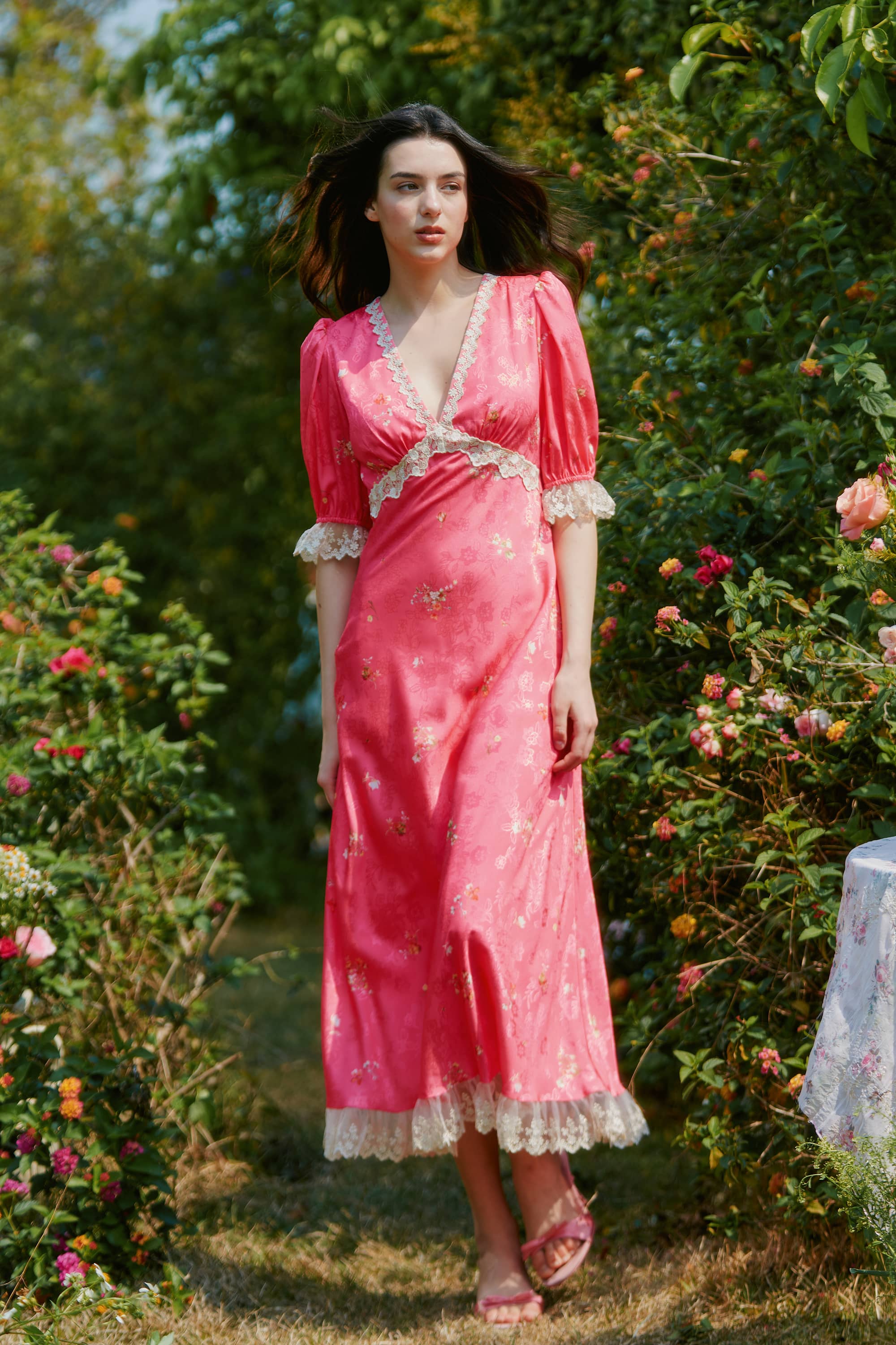 Divia Lace Floral Midi Dress in Red