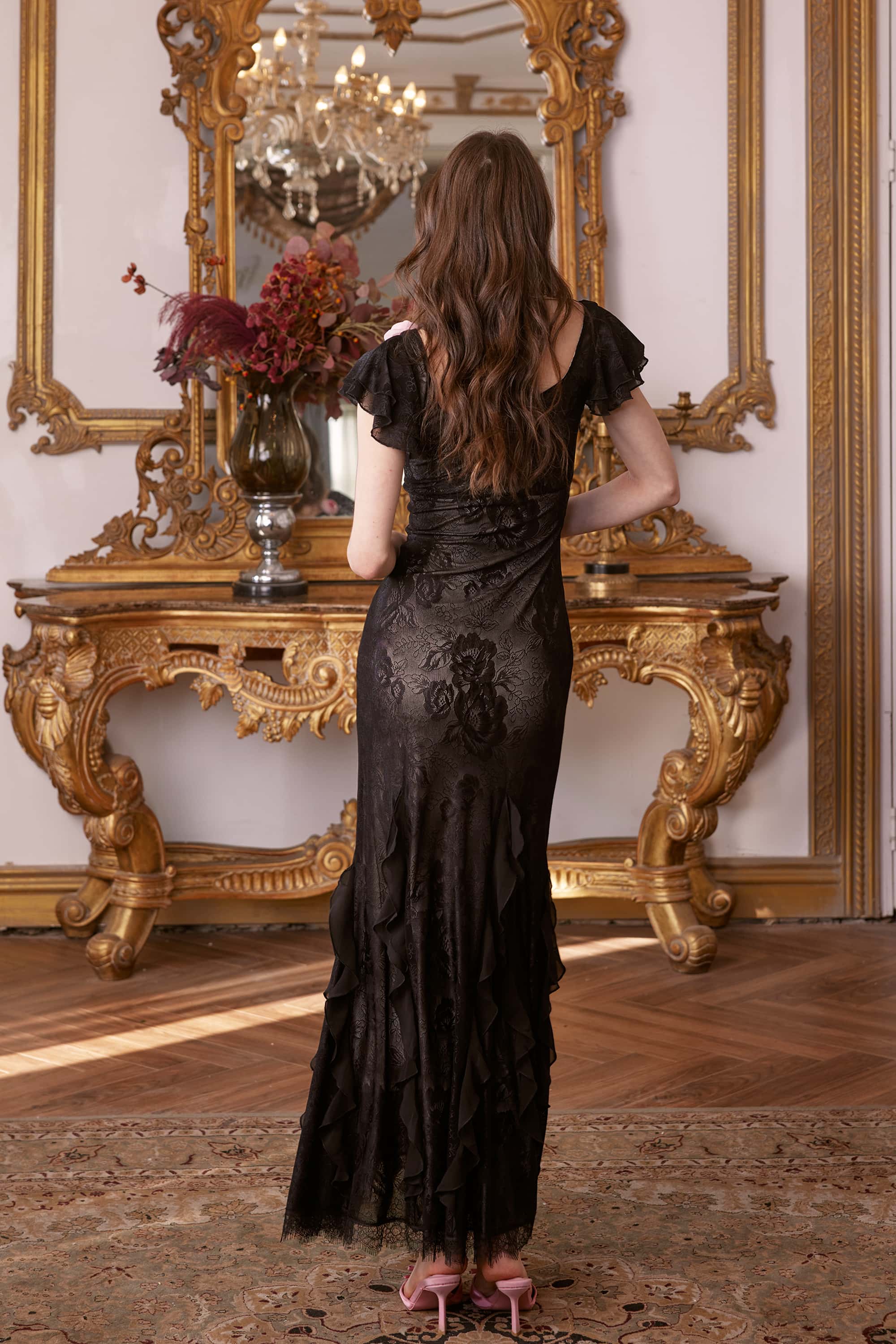 Chloe Rosette Mesh Gown Dress