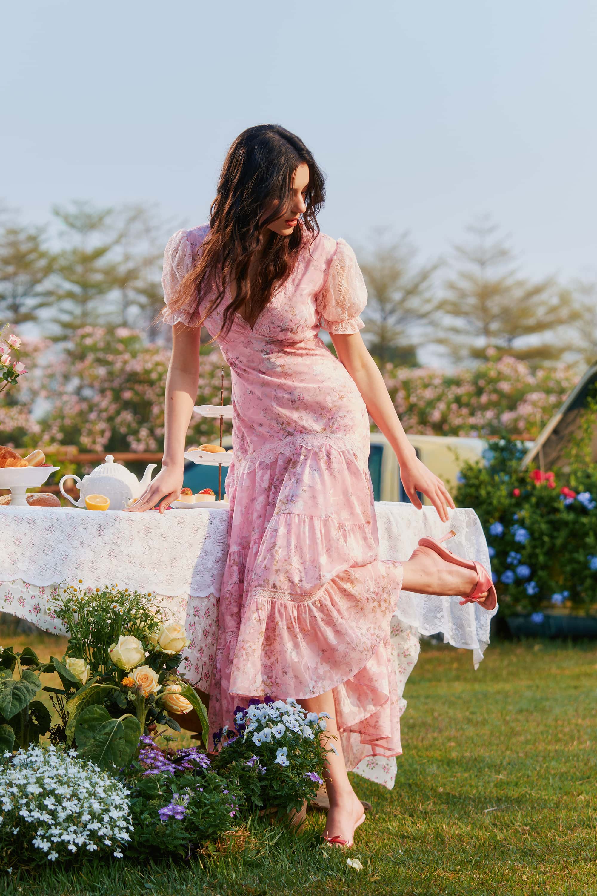 Adelaide Chiffon Lace Floral Maxi Dress