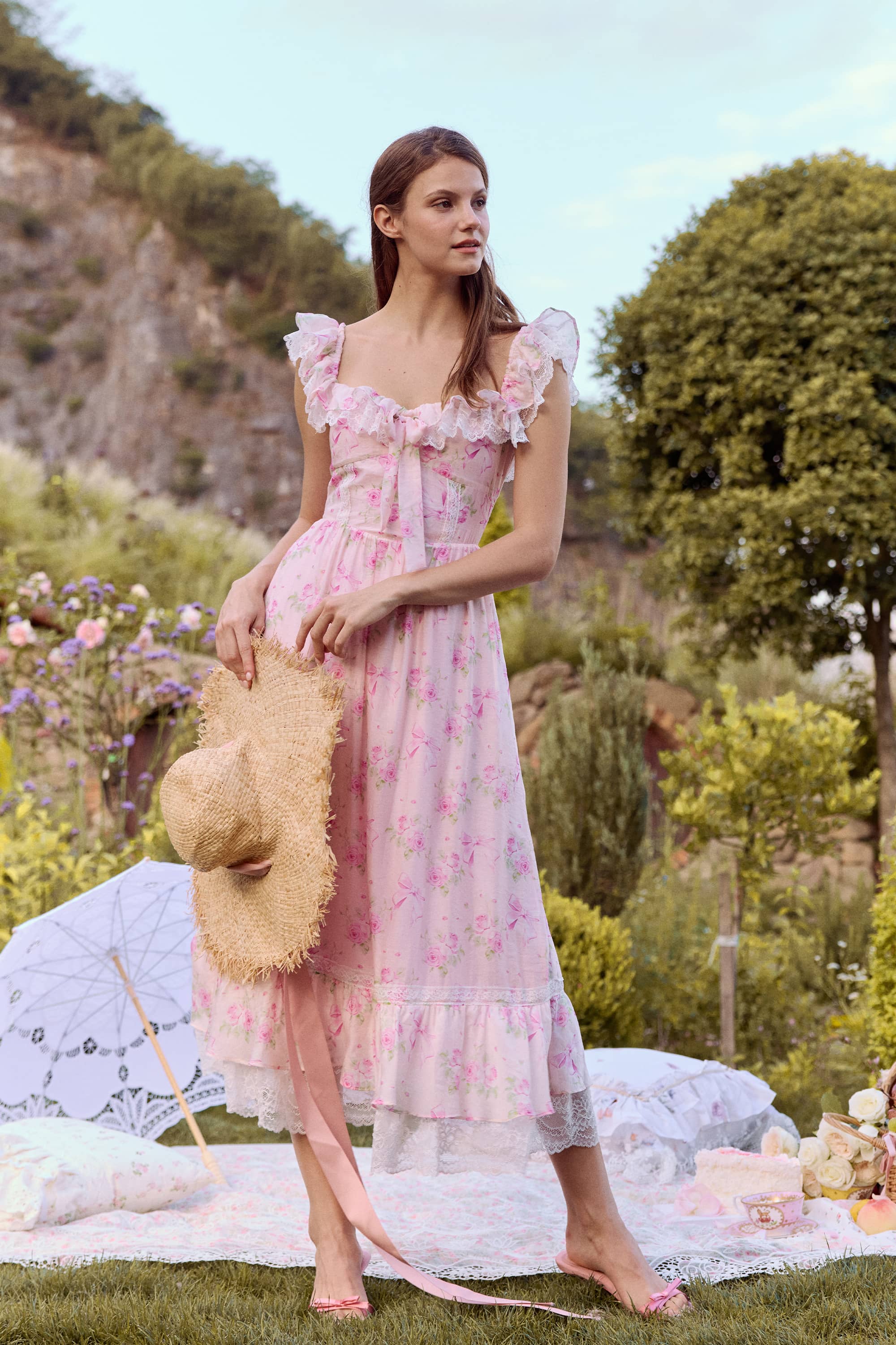 Anya Tecel Lace Floral Midi Dress in Pink