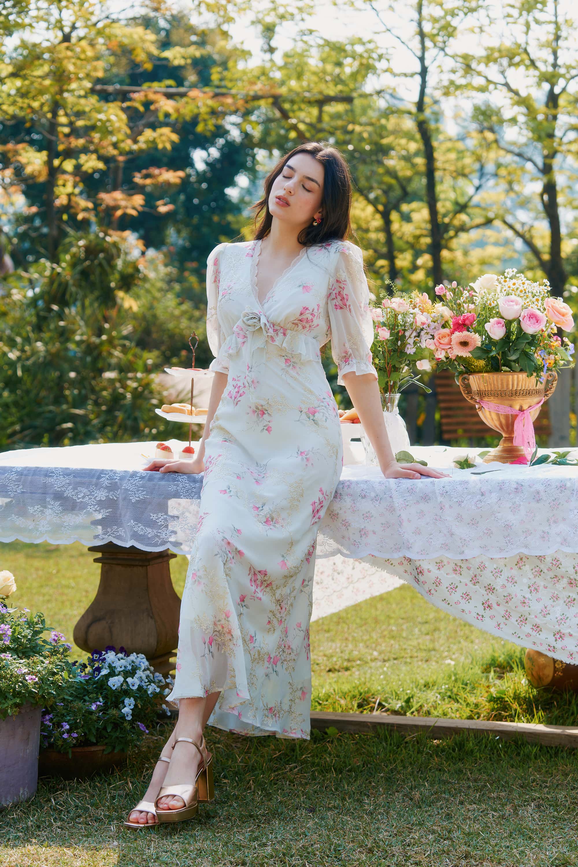 Archie Chiffon High Waist Maxi Dress in White