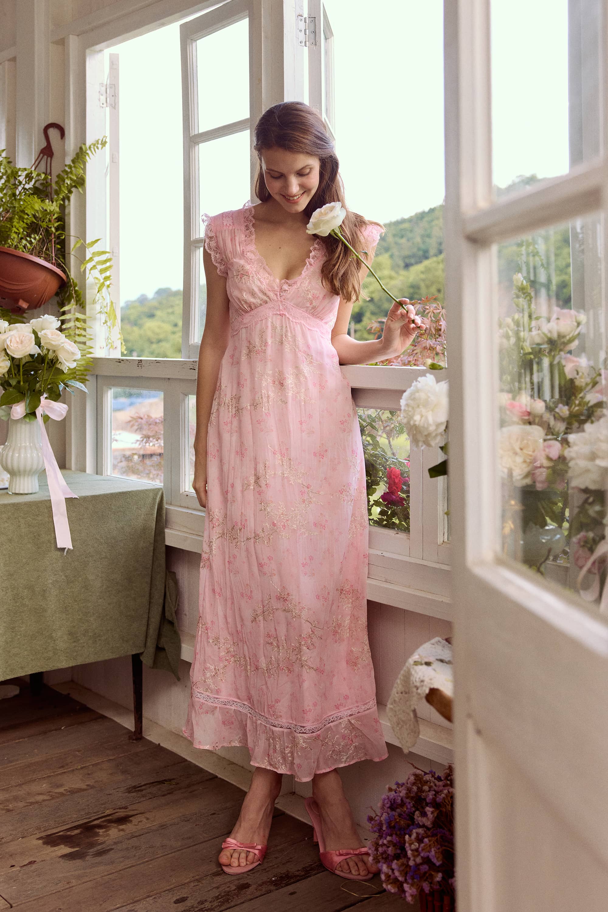Clarissa V-neck Lace Embroidery Chiffon Maxi Dress