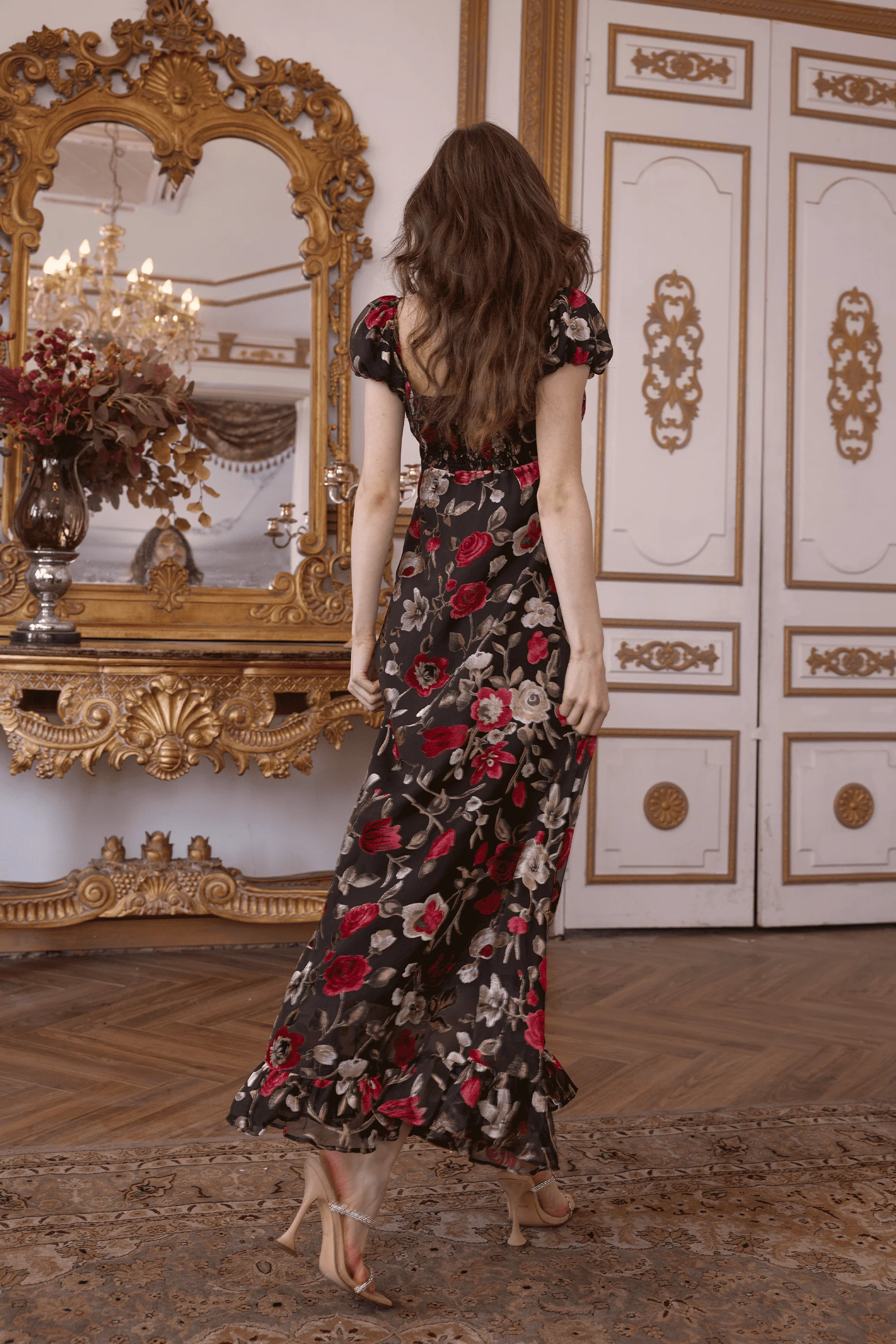 Peltz Squared Neckline Velvet Floral Gown Dress
