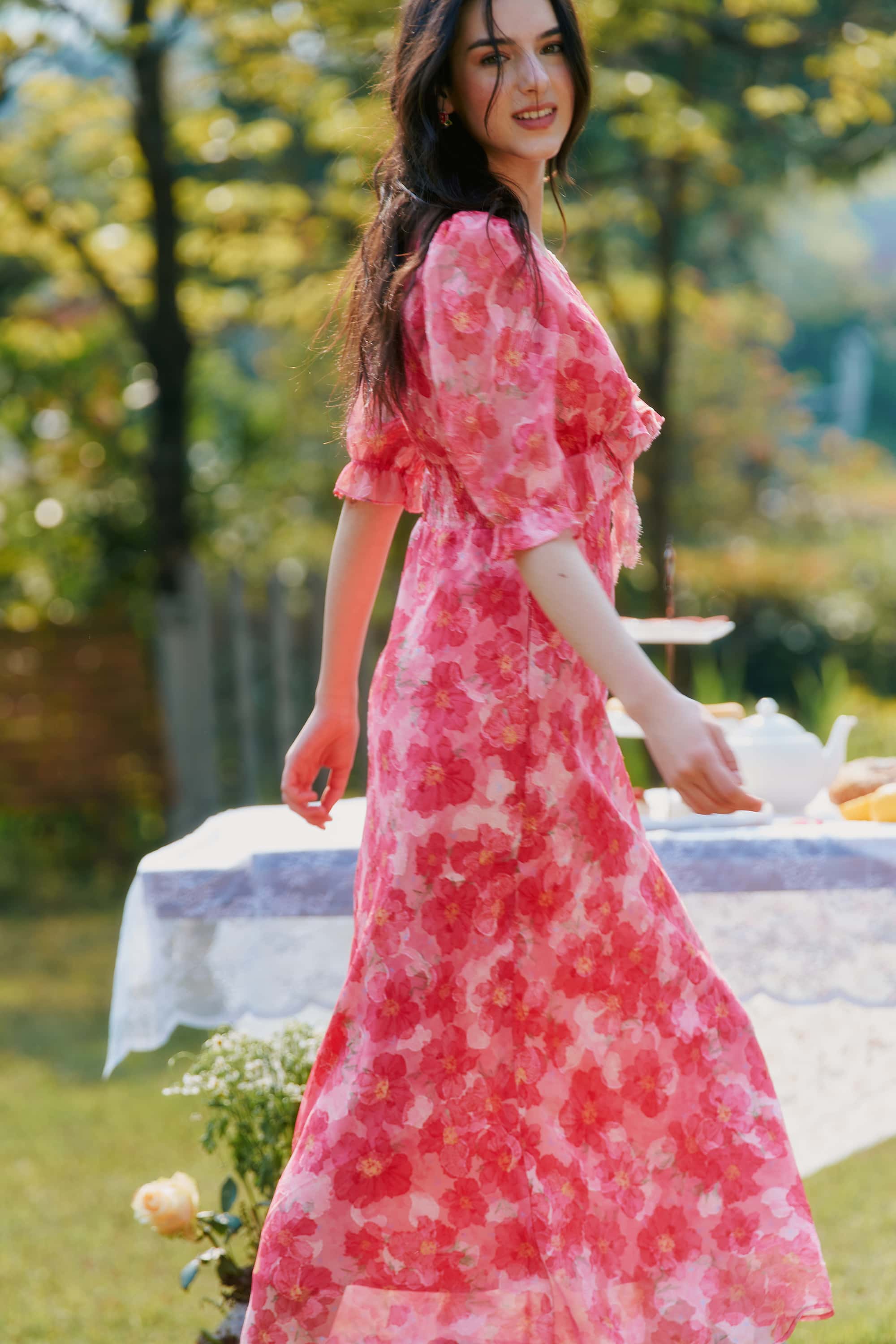 Archie Chiffon High Waist Maxi Dress in Red