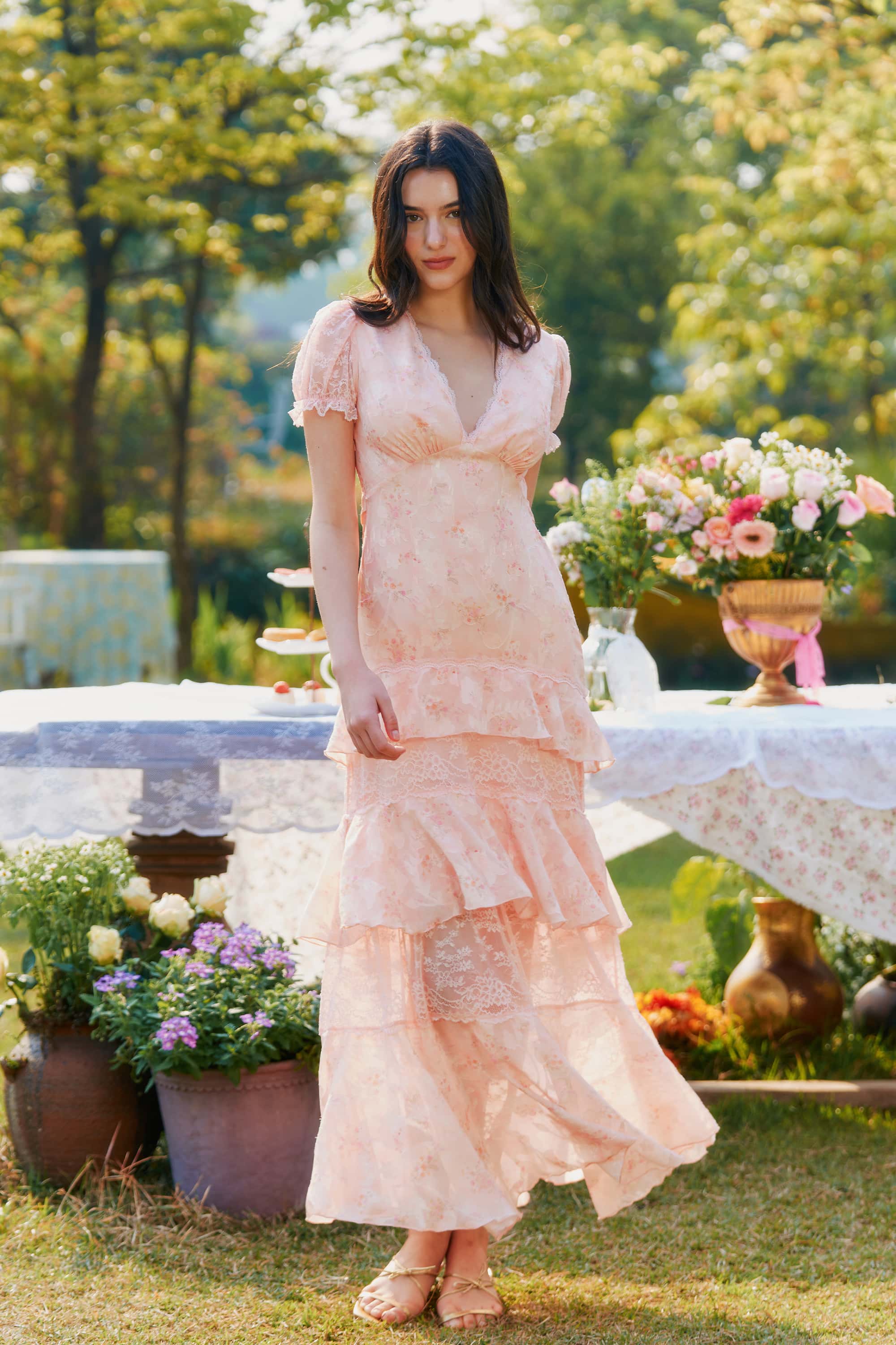 Catalina Chiffon Lace Floral Maxi Dress