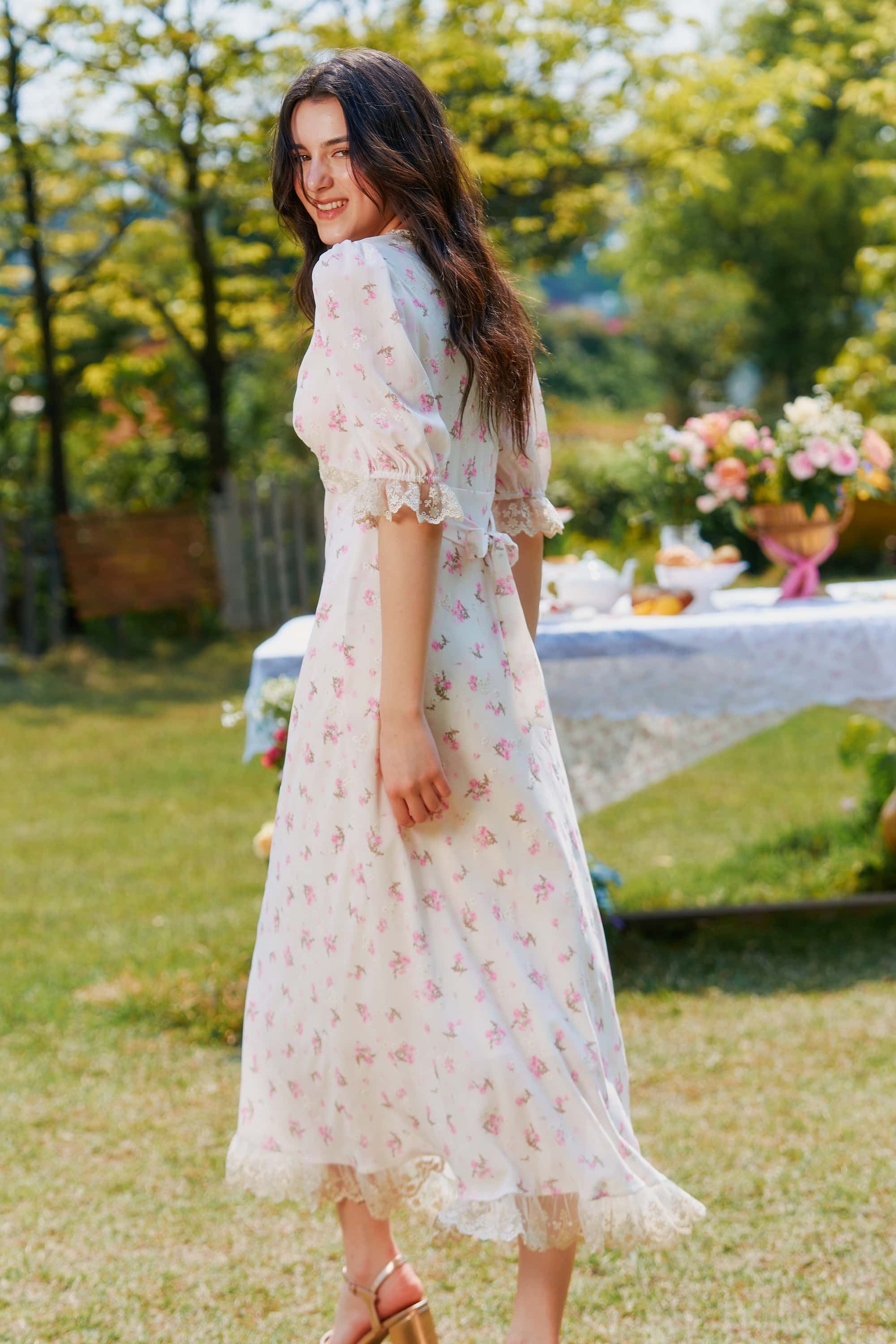 Divia Lace Floral Midi Dress in White