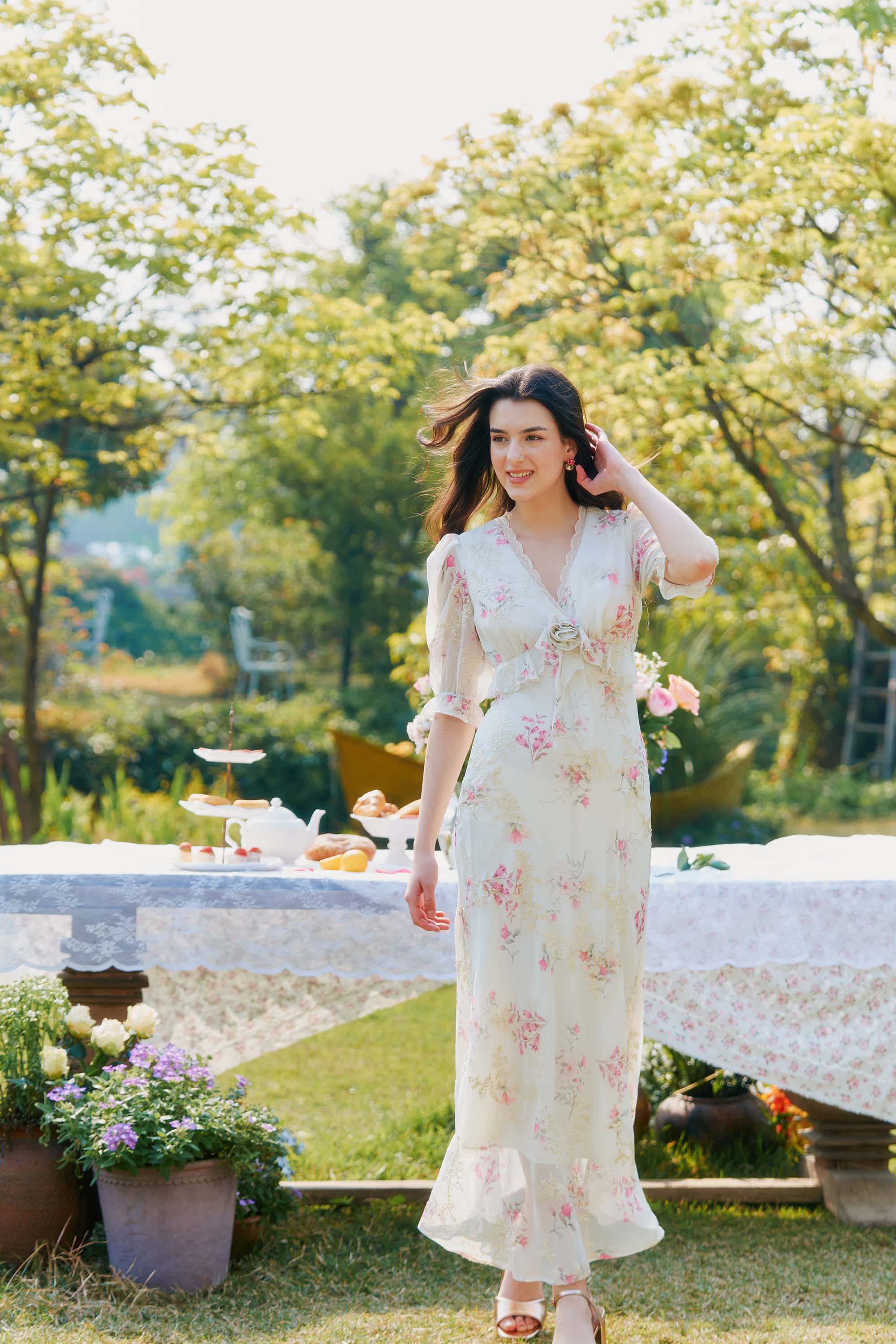 Archie Chiffon High Waist Maxi Dress in White