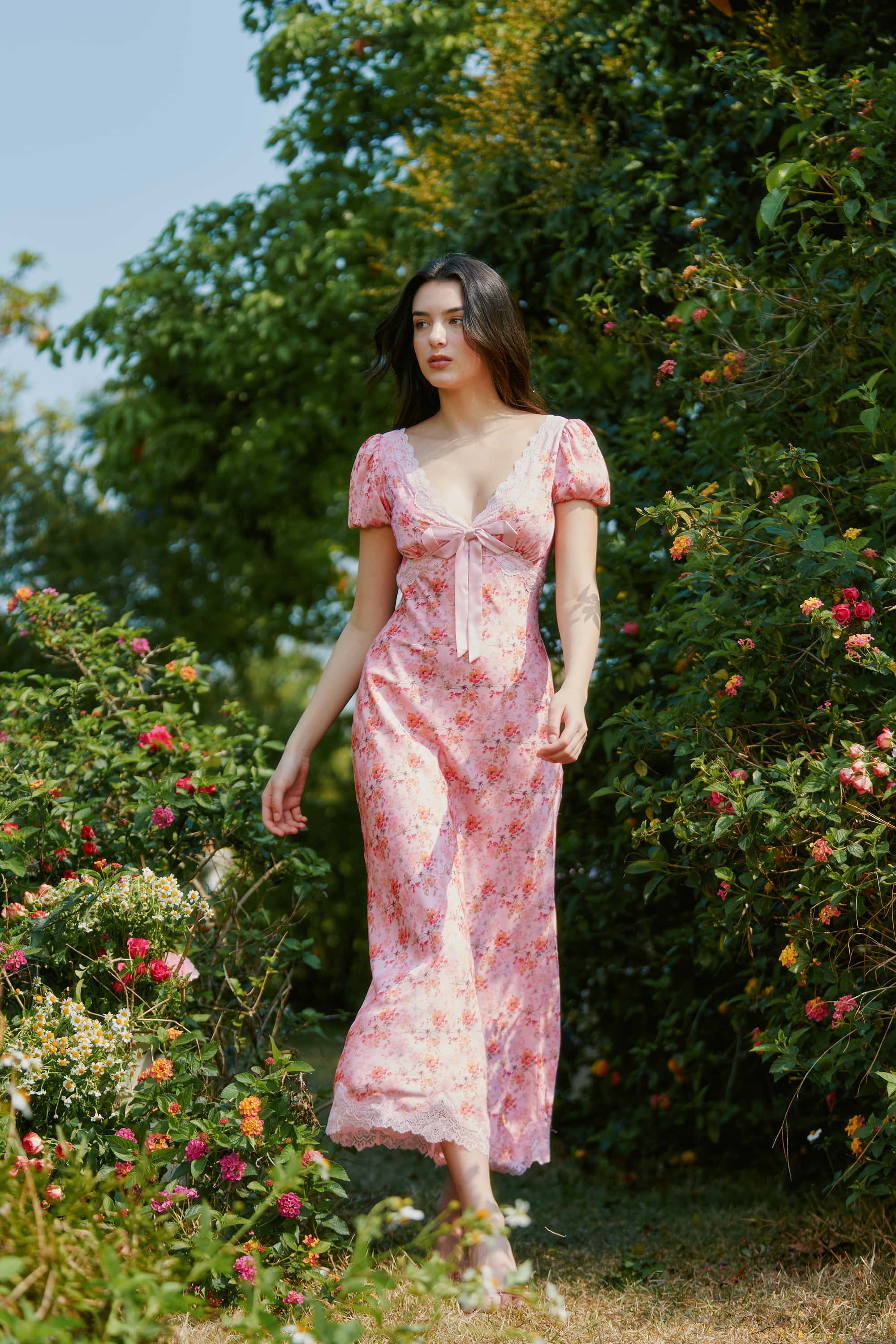 Vienna Satin Floral Lace Maxi Dress