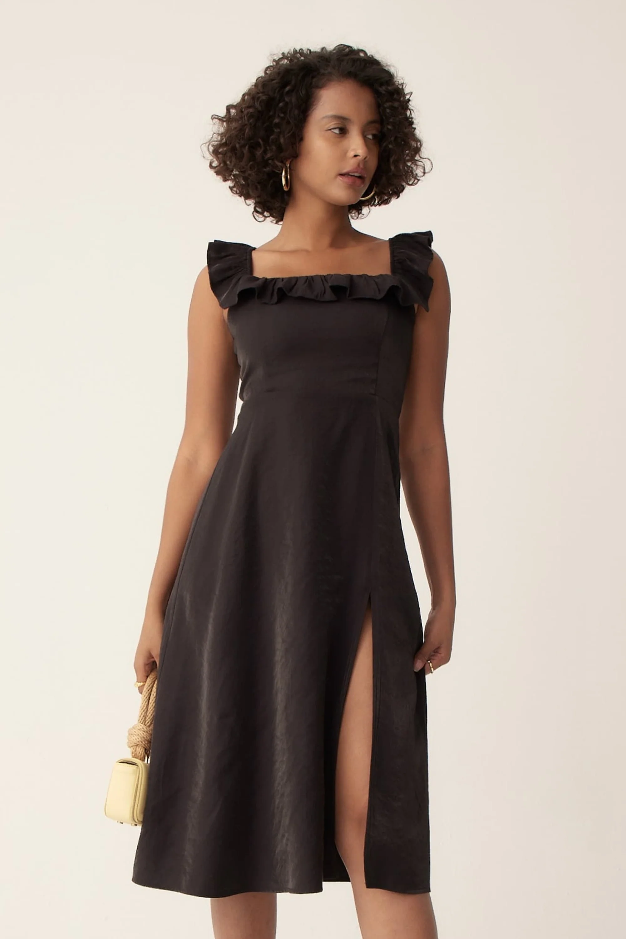 Ivana Ruffled Midi Dress in Black