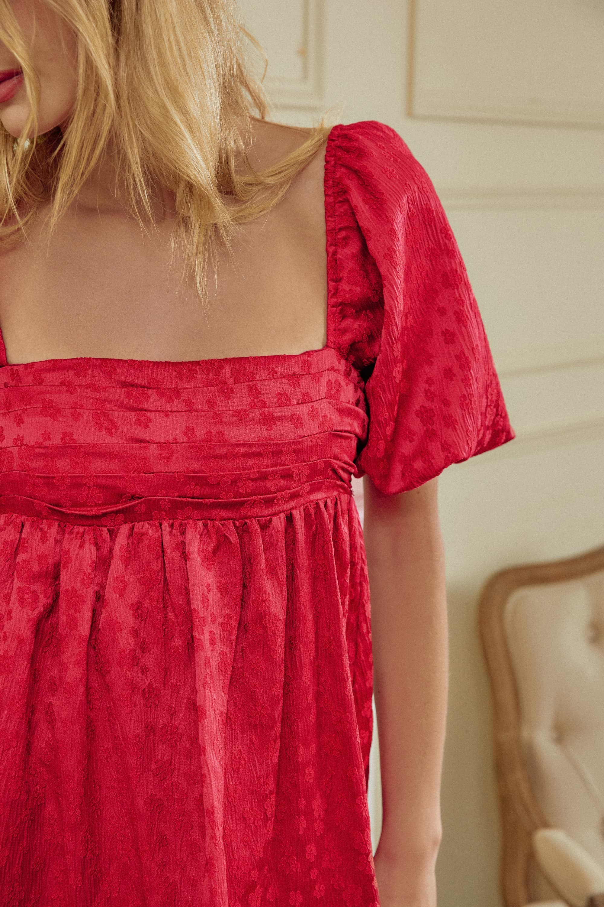 Amara Square Neckline Babydoll Jacquard Mini Dress