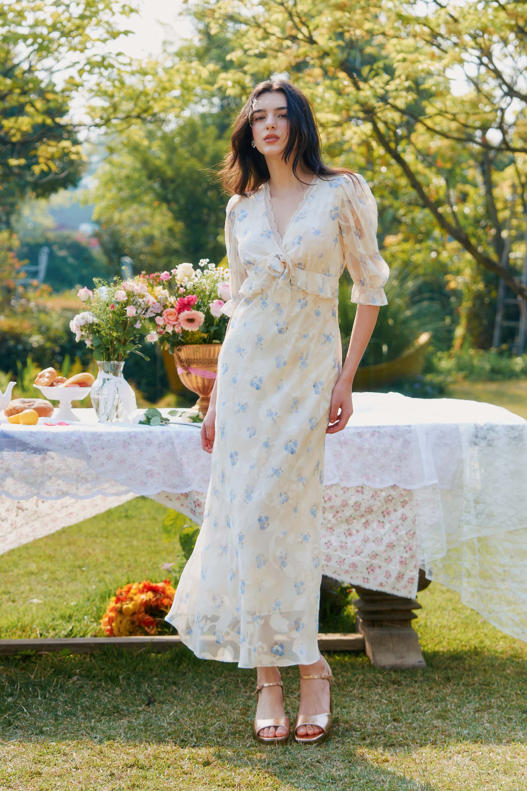 Archie Chiffon High Waist Maxi Dress in Cream