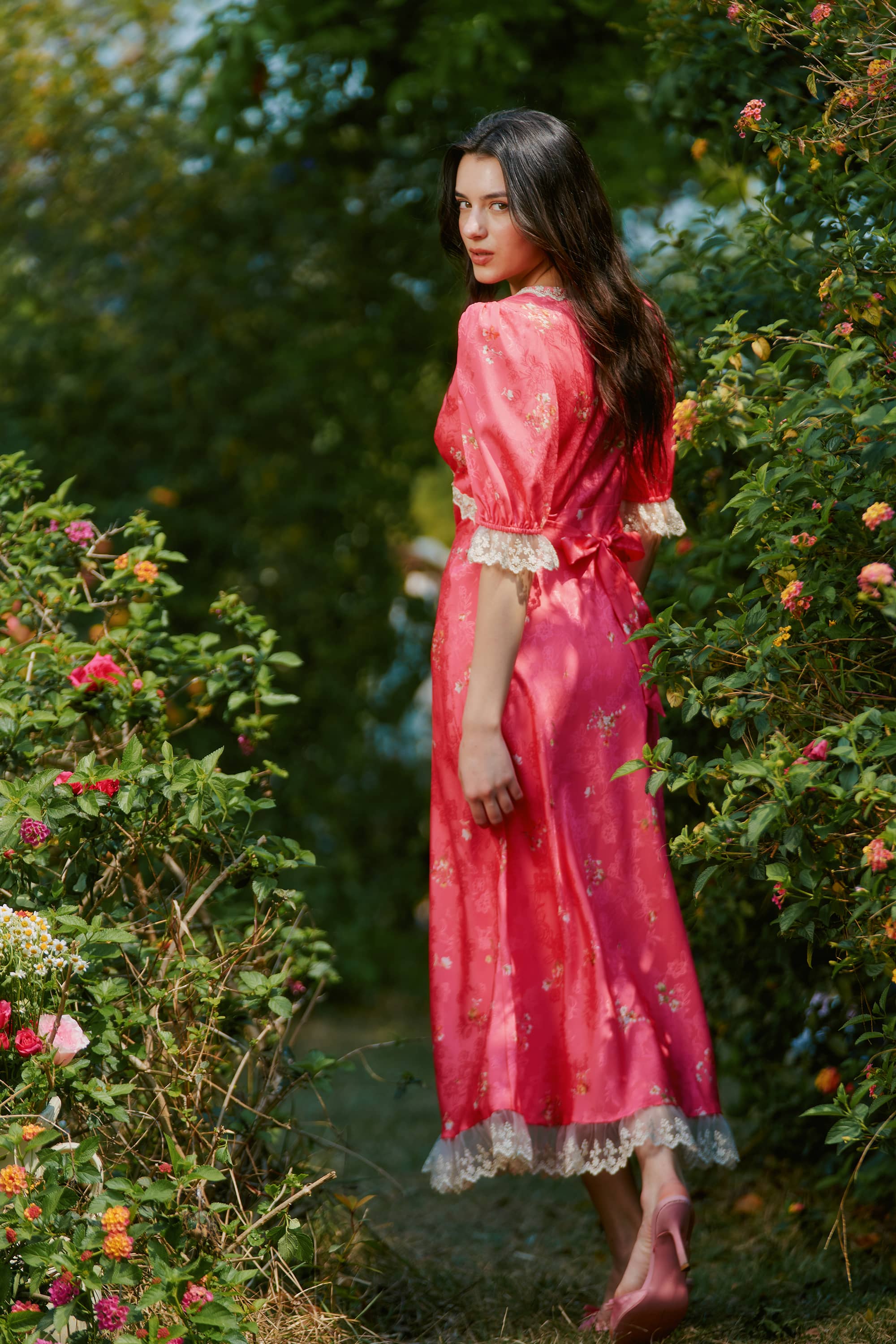 Divia Lace Floral Midi Dress in Red