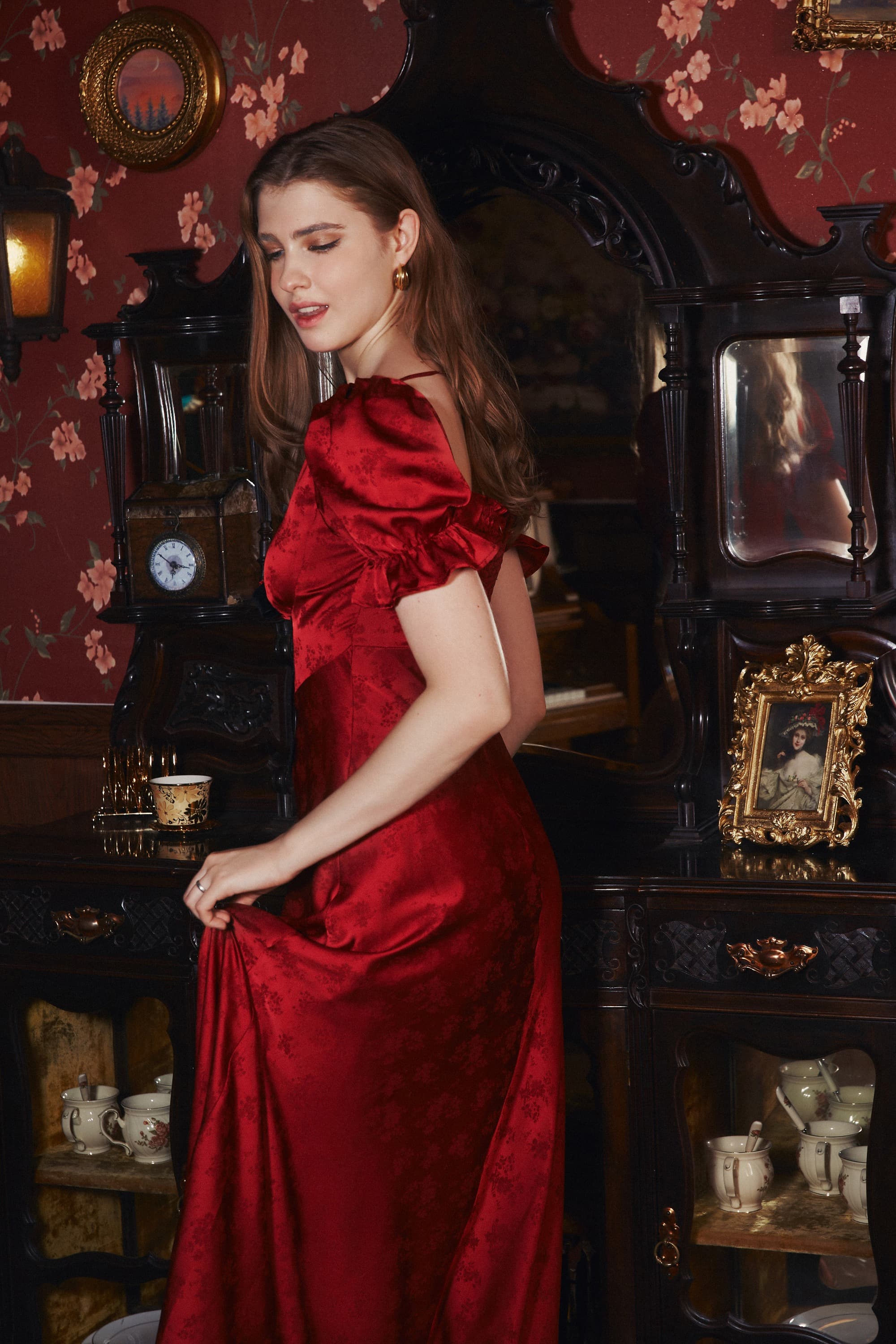 Serita Jacquard Satin Maxi Dress In Red