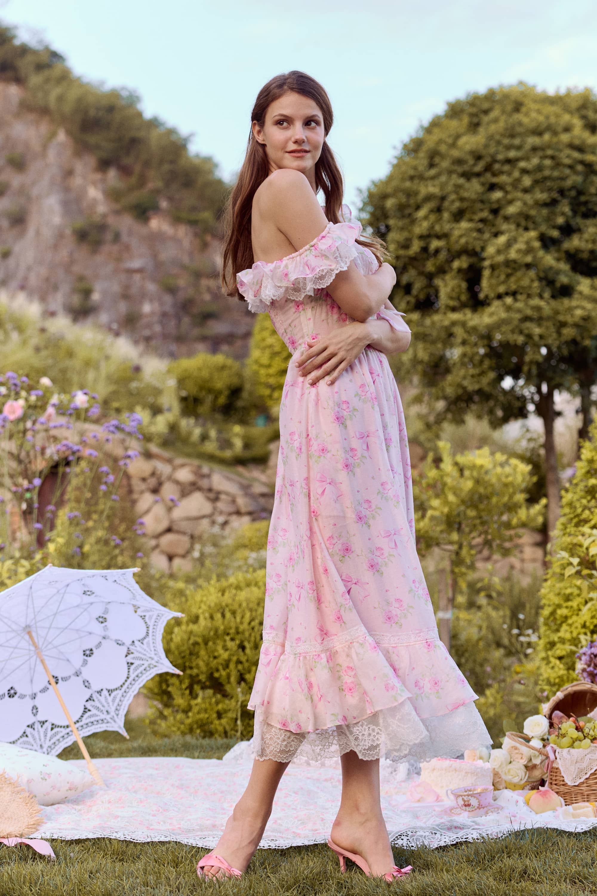 Anya Tecel Lace Floral Midi Dress in Pink