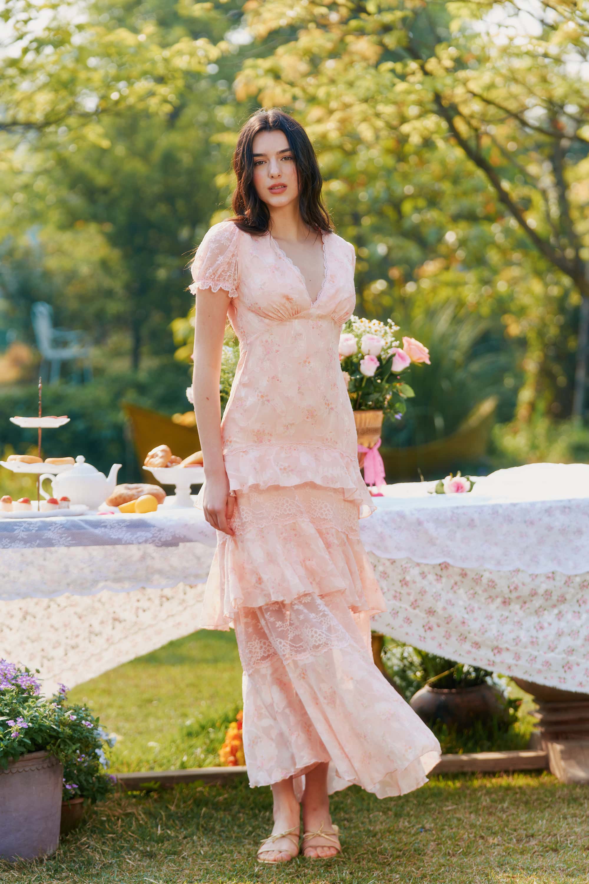 Catalina Chiffon Lace Floral Maxi Dress