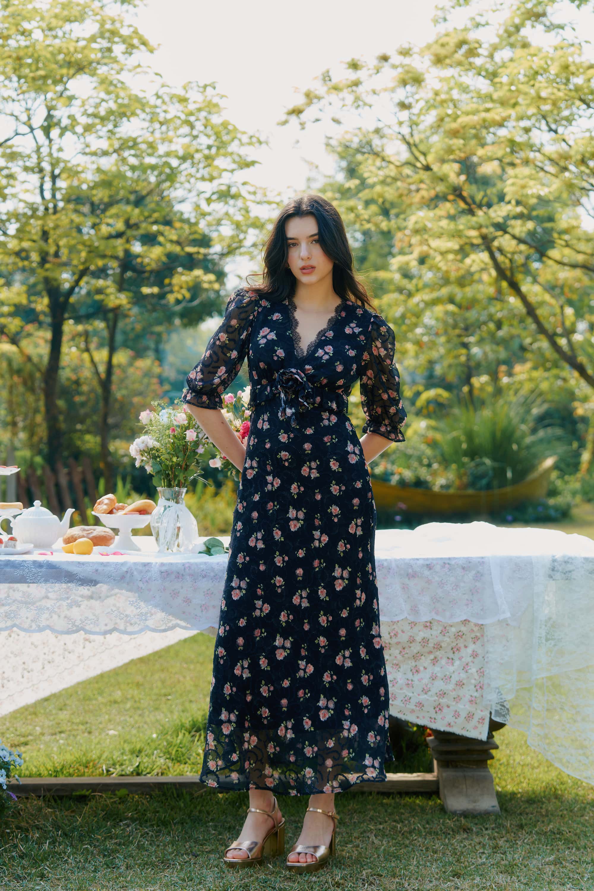 Archie Chiffon High Waist Maxi Dress in Black