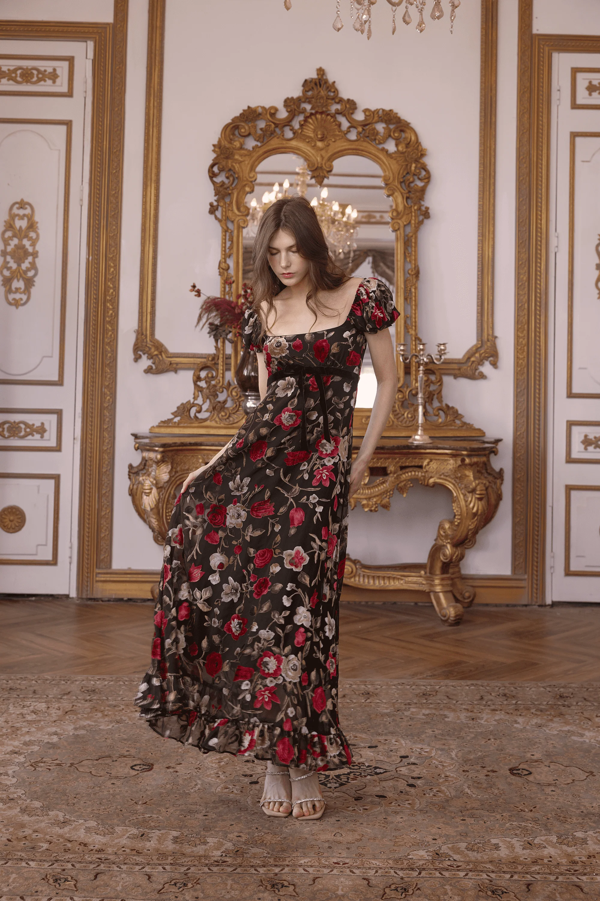 Peltz Squared Neckline Velvet Floral Gown Dress