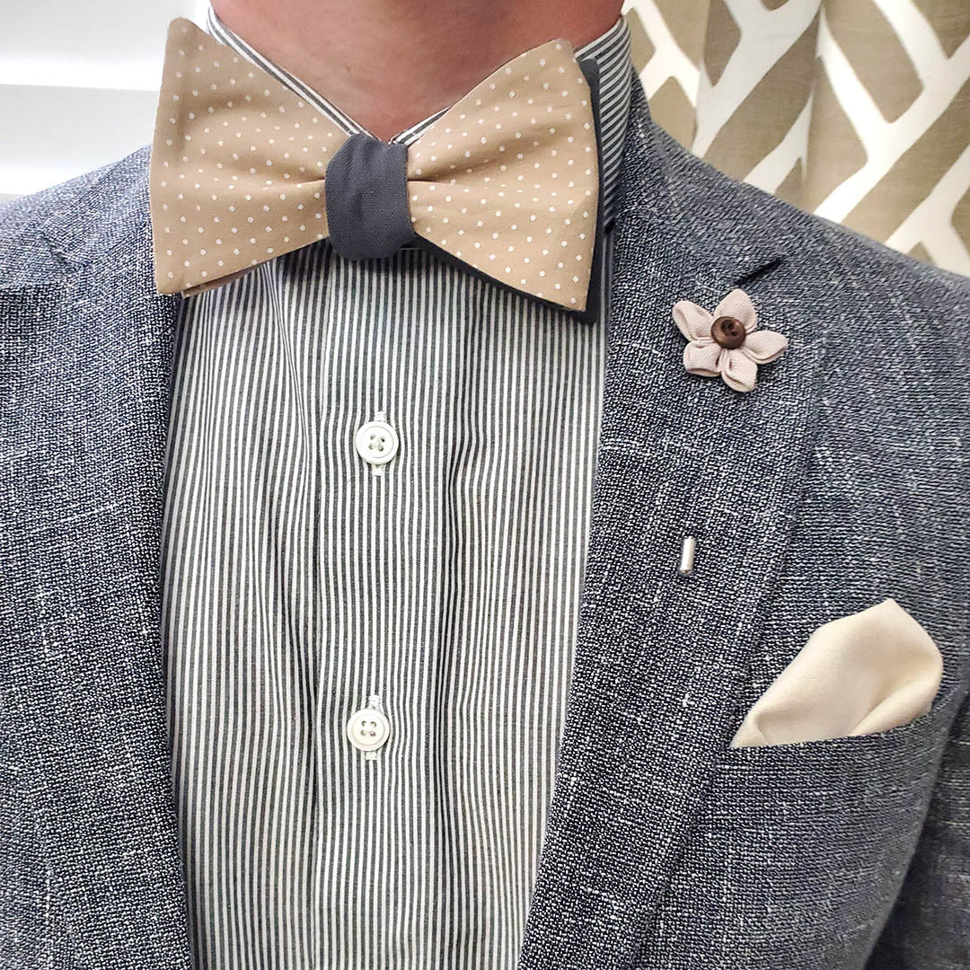 Polka Dot Grey Linen Self Tie Bow Tie
