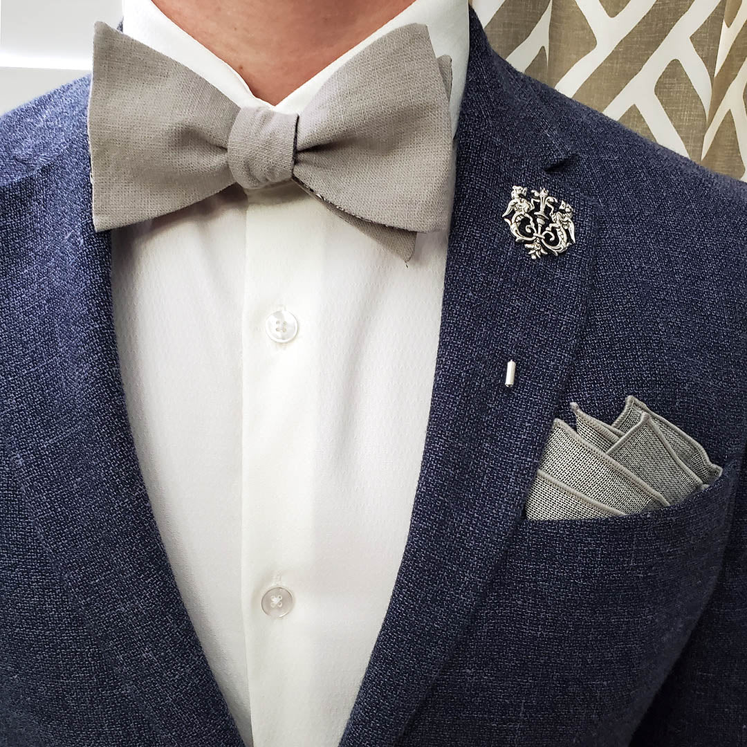 Floral Grey Linen Self Tie Bow Tie