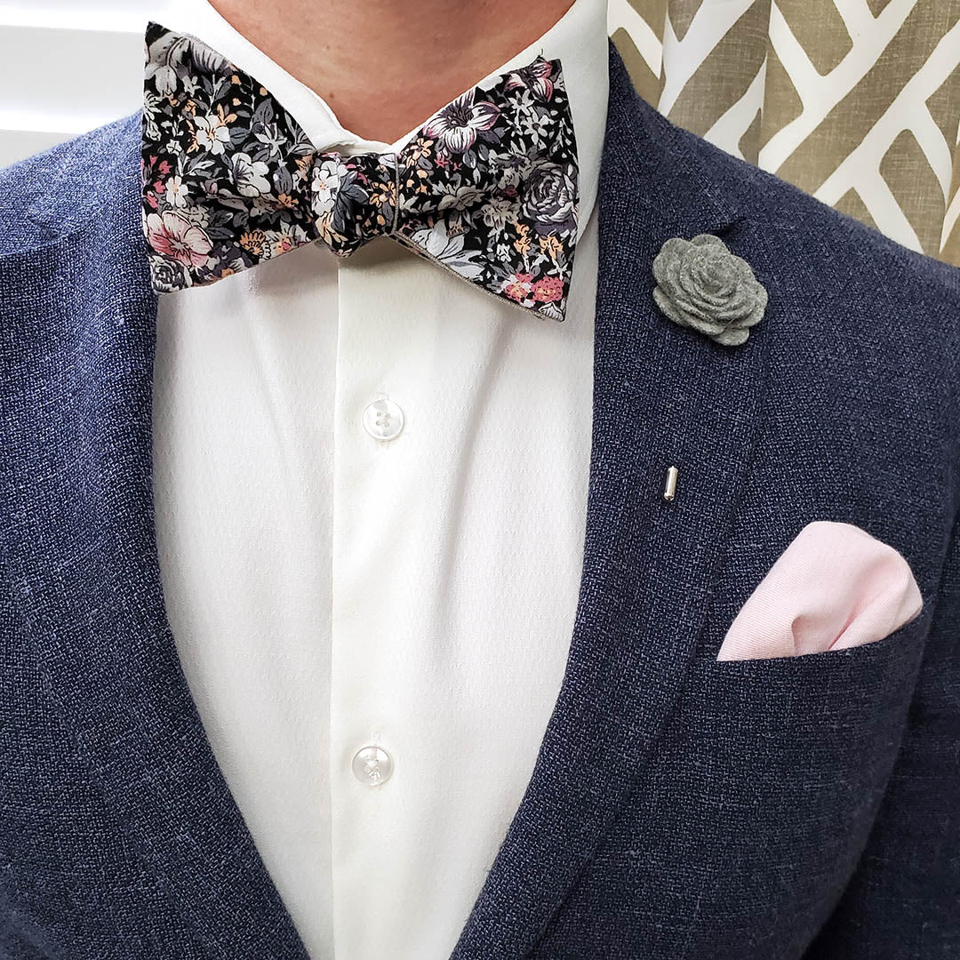 Floral Grey Linen Self Tie Bow Tie