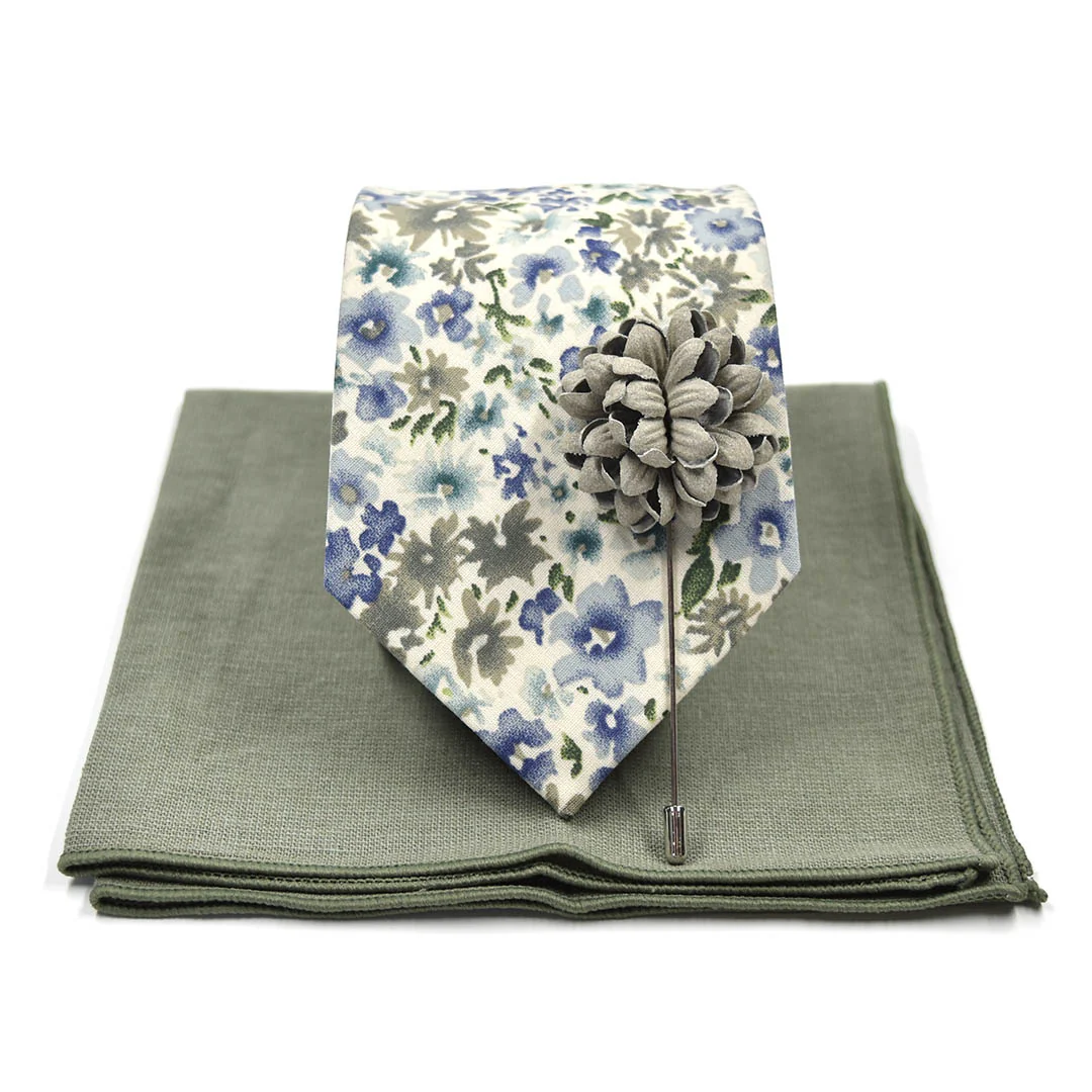 Floral Blue Cream Tie Set